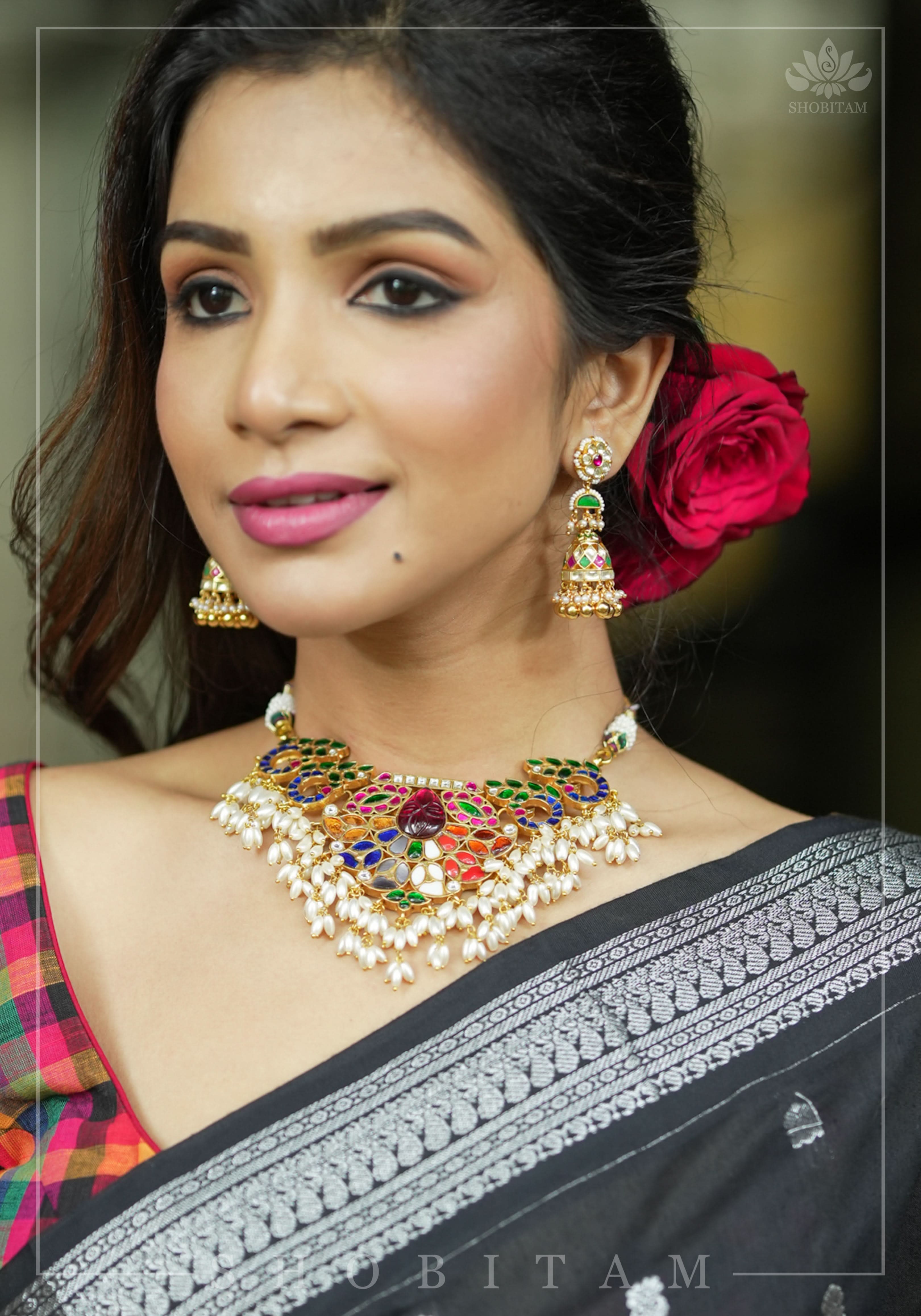 2.3" Kundan and Green,pink,white stone Jhumka earrings | Shobitam Jewelry