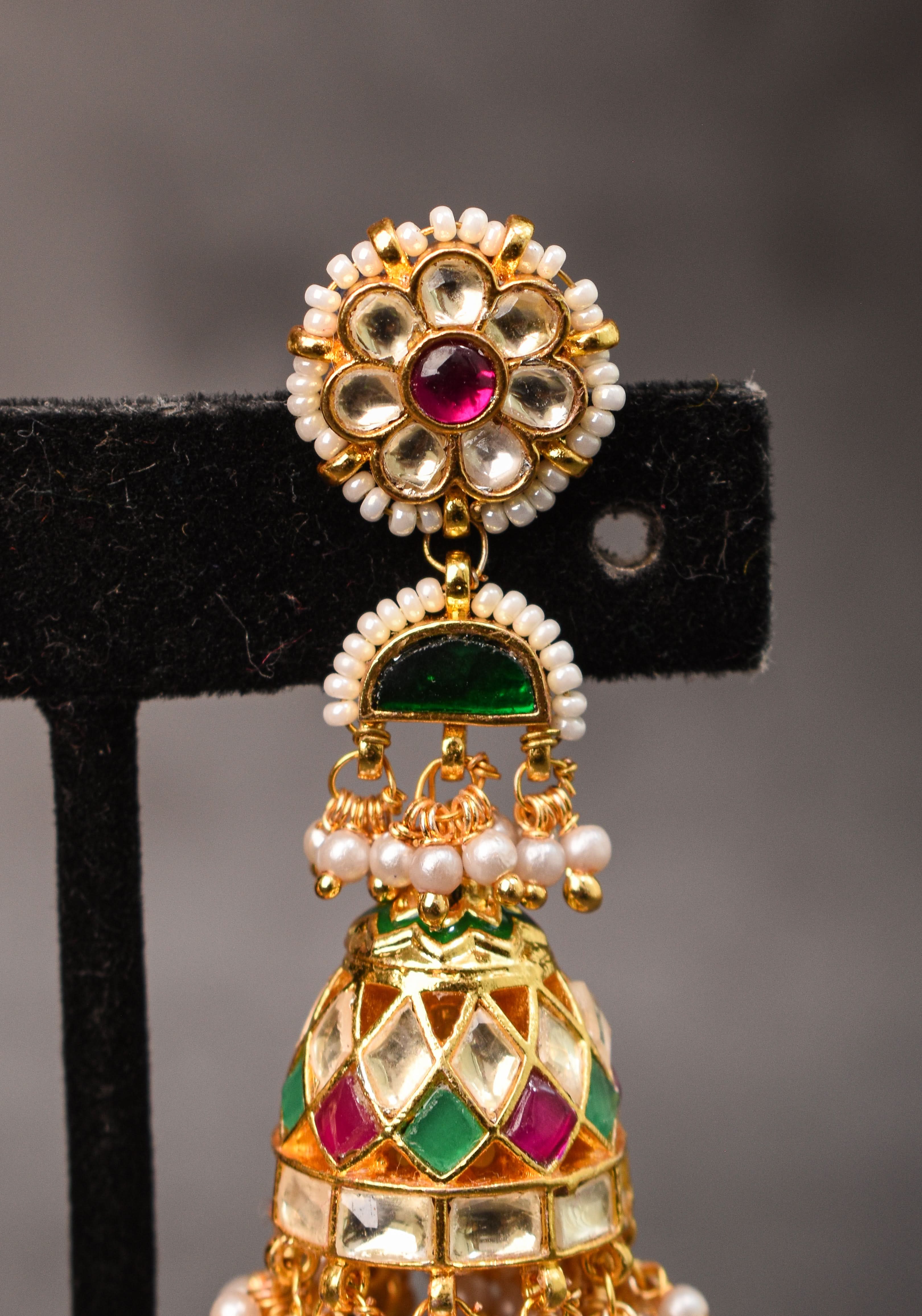 2.3" Kundan and Green,pink,white stone Jhumka earrings | Shobitam Jewelry