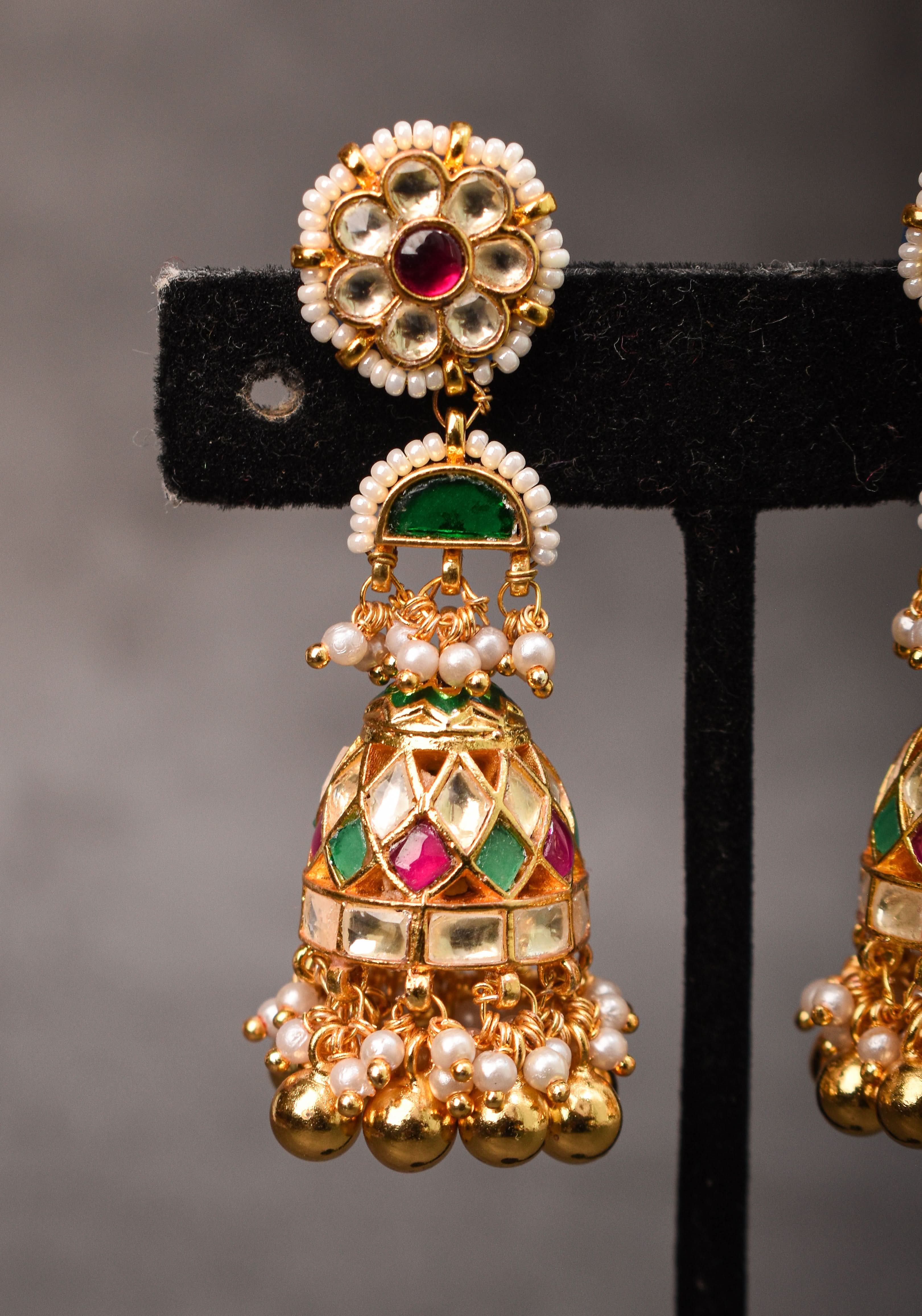 2.3" Kundan and Green,pink,white stone Jhumka earrings | Shobitam Jewelry