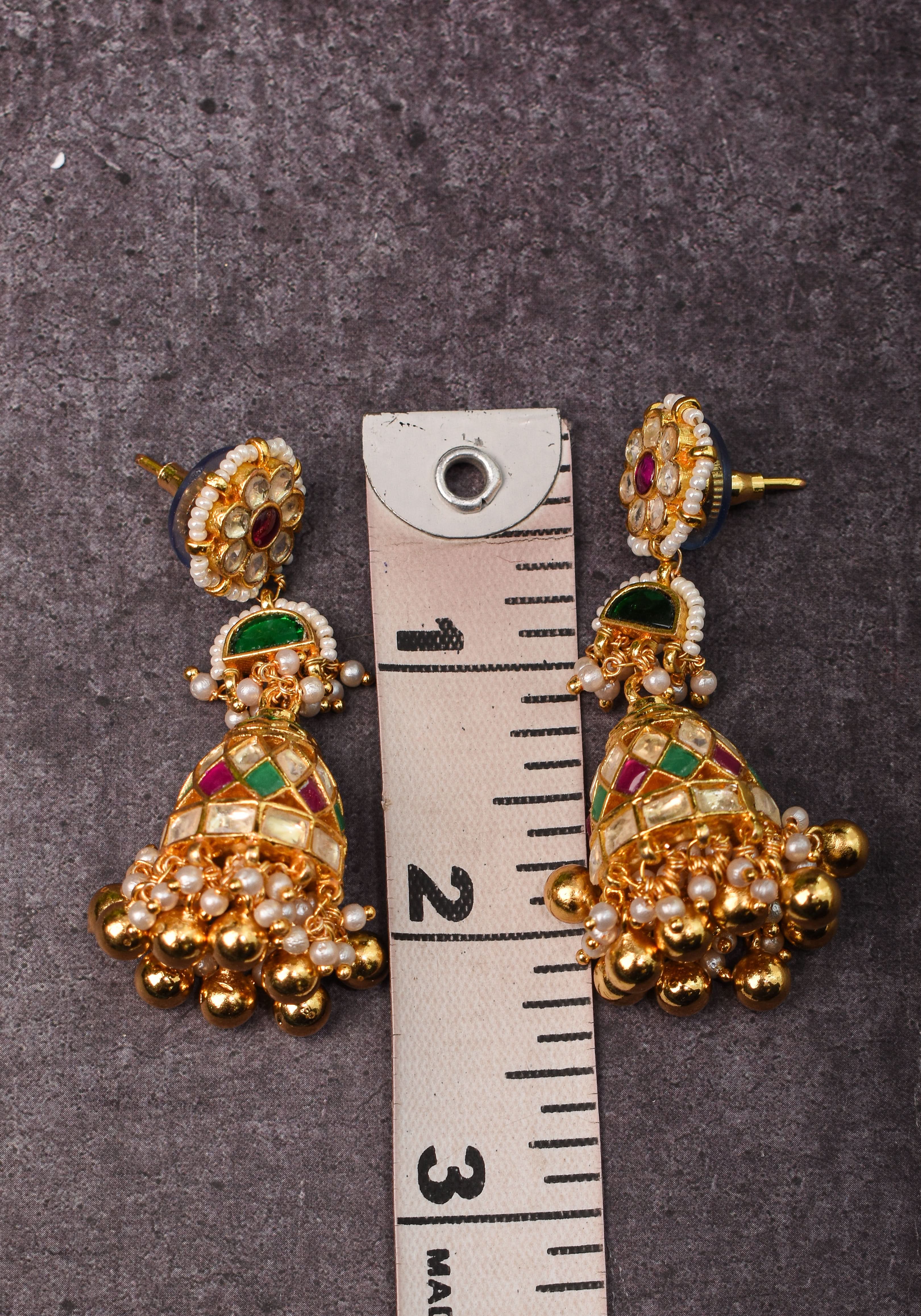 2.3" Kundan and Green,pink,white stone Jhumka earrings | Shobitam Jewelry