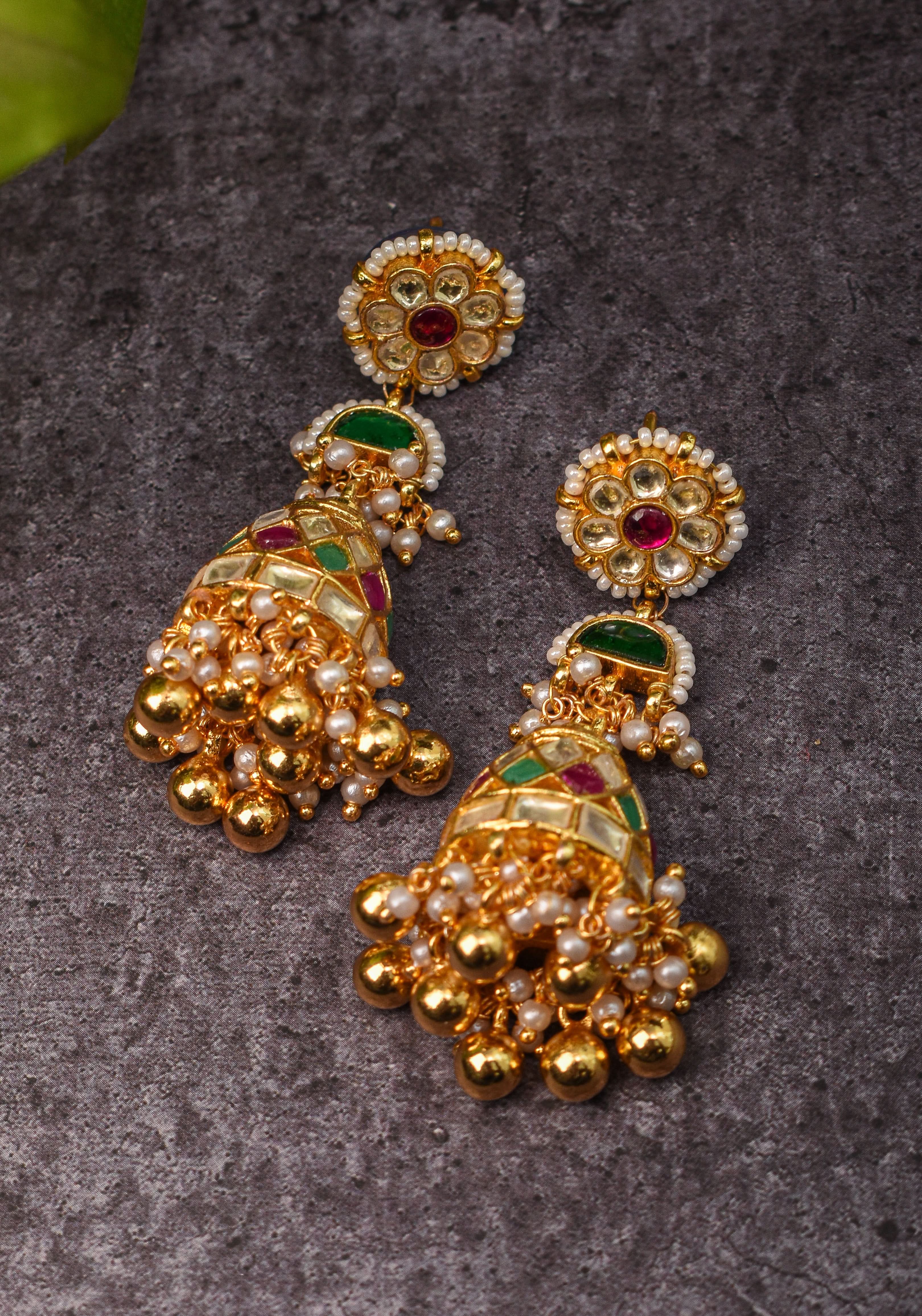2.3" Kundan and Green,pink,white stone Jhumka earrings | Shobitam Jewelry