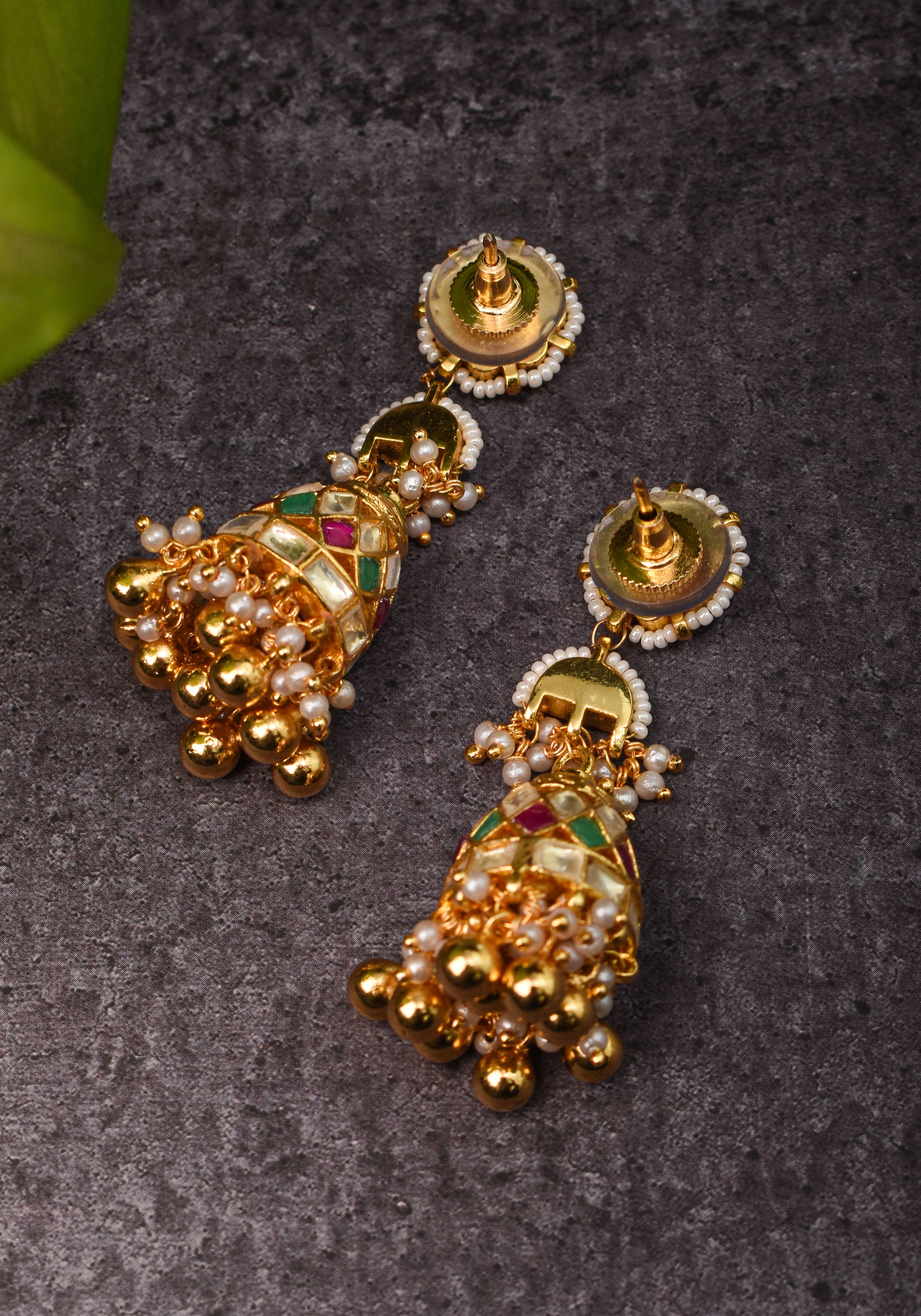 2.3" Kundan and Green,pink,white stone Jhumka earrings | Shobitam Jewelry