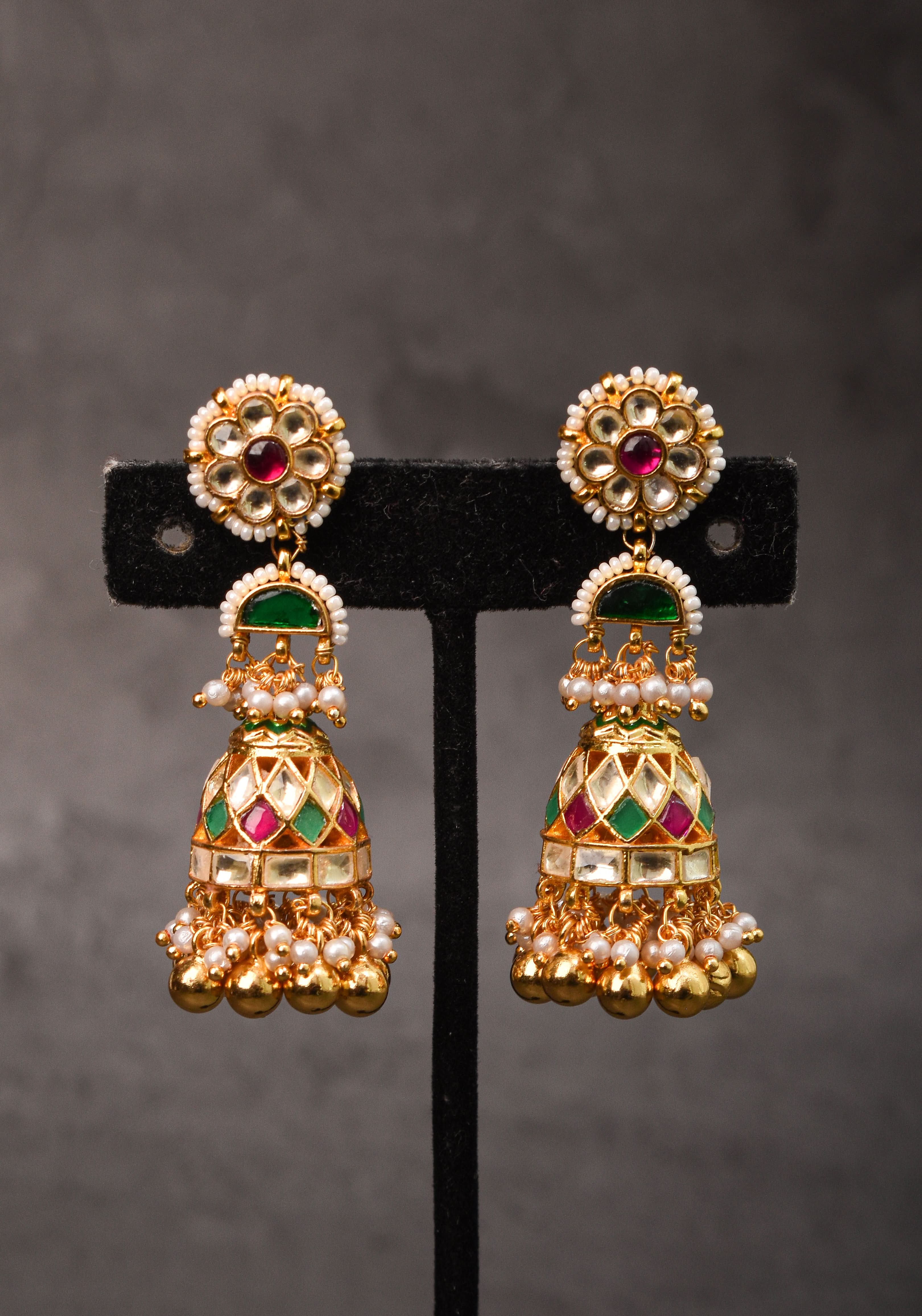 2.3" Kundan and Green,pink,white stone Jhumka earrings | Shobitam Jewelry