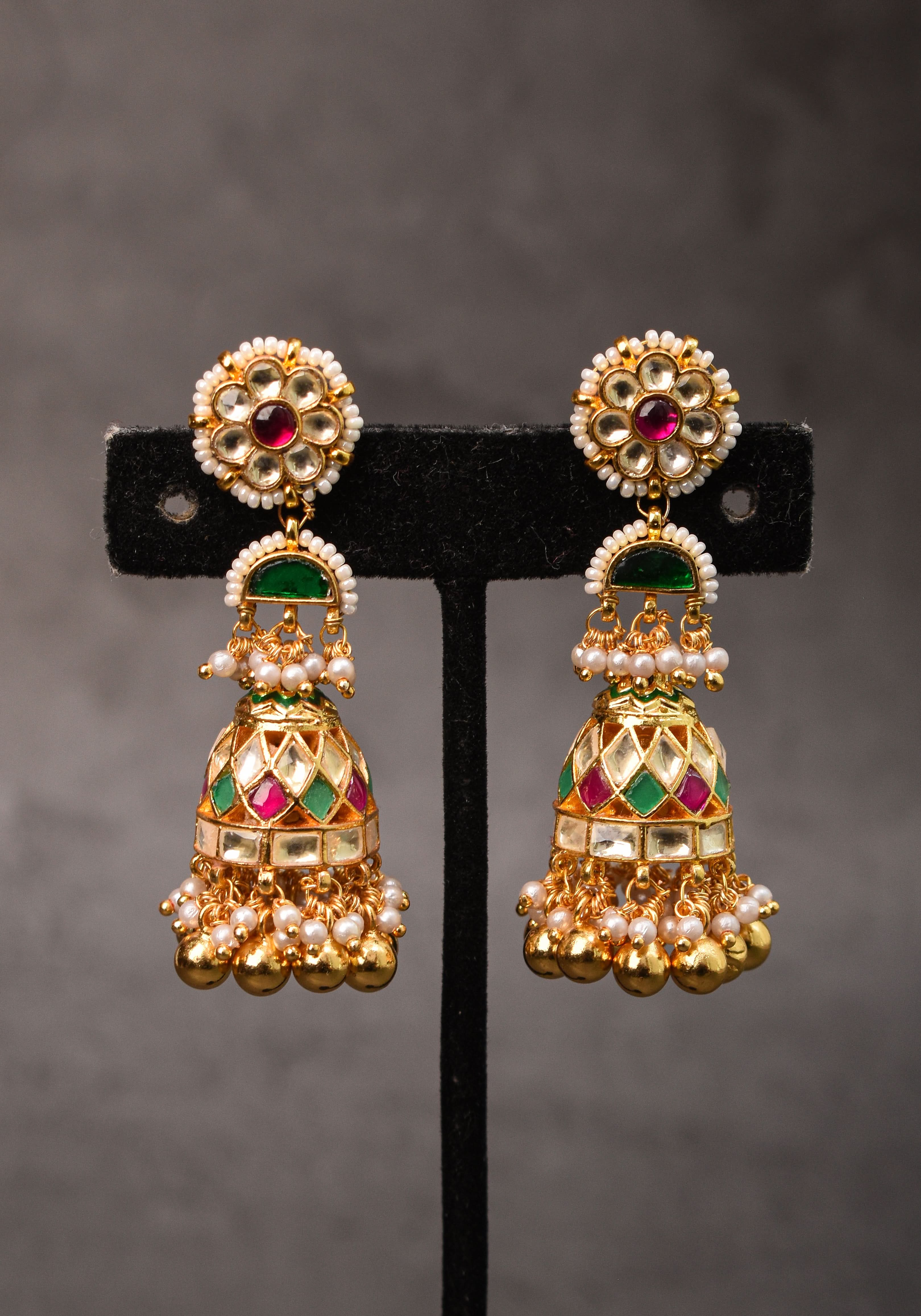 2.3" Kundan and Green,pink,white stone Jhumka earrings | Shobitam Jewelry