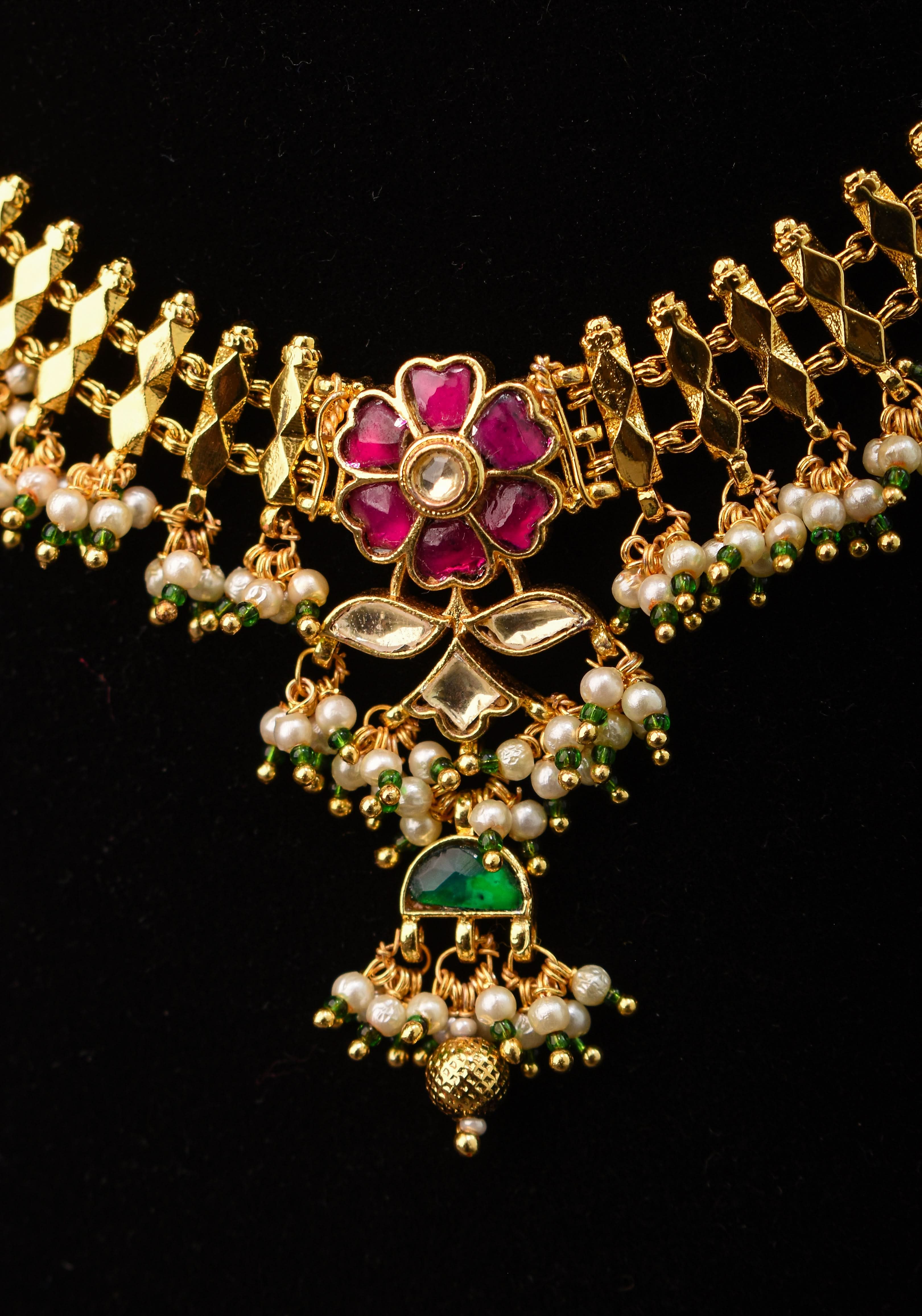 Microplated Gold Tone Flexible Design Choker Set with Floral Jadau center and dangling beads | Shobitam Jewelry