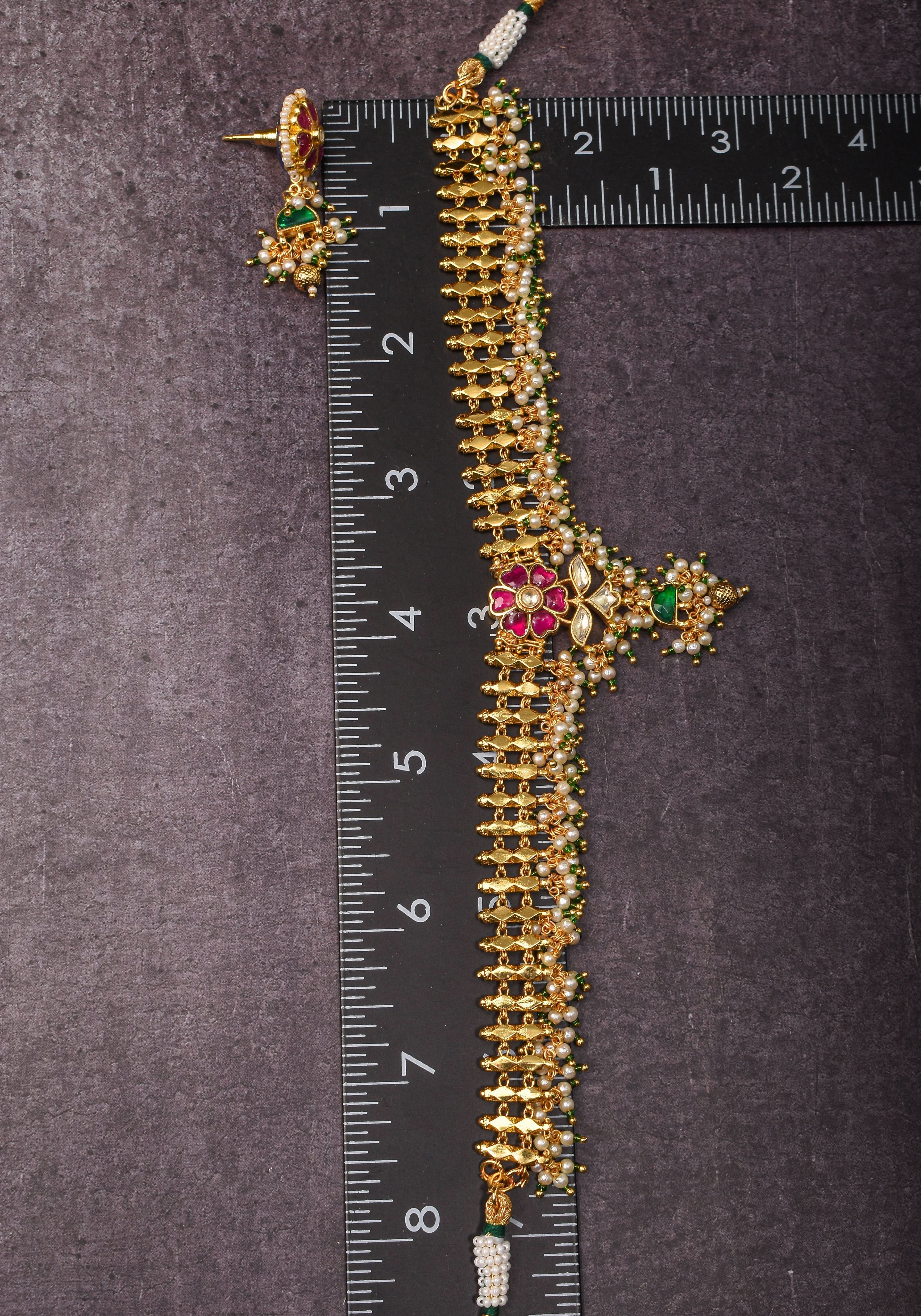 Microplated Gold Tone Flexible Design Choker Set with Floral Jadau center and dangling beads | Shobitam Jewelry
