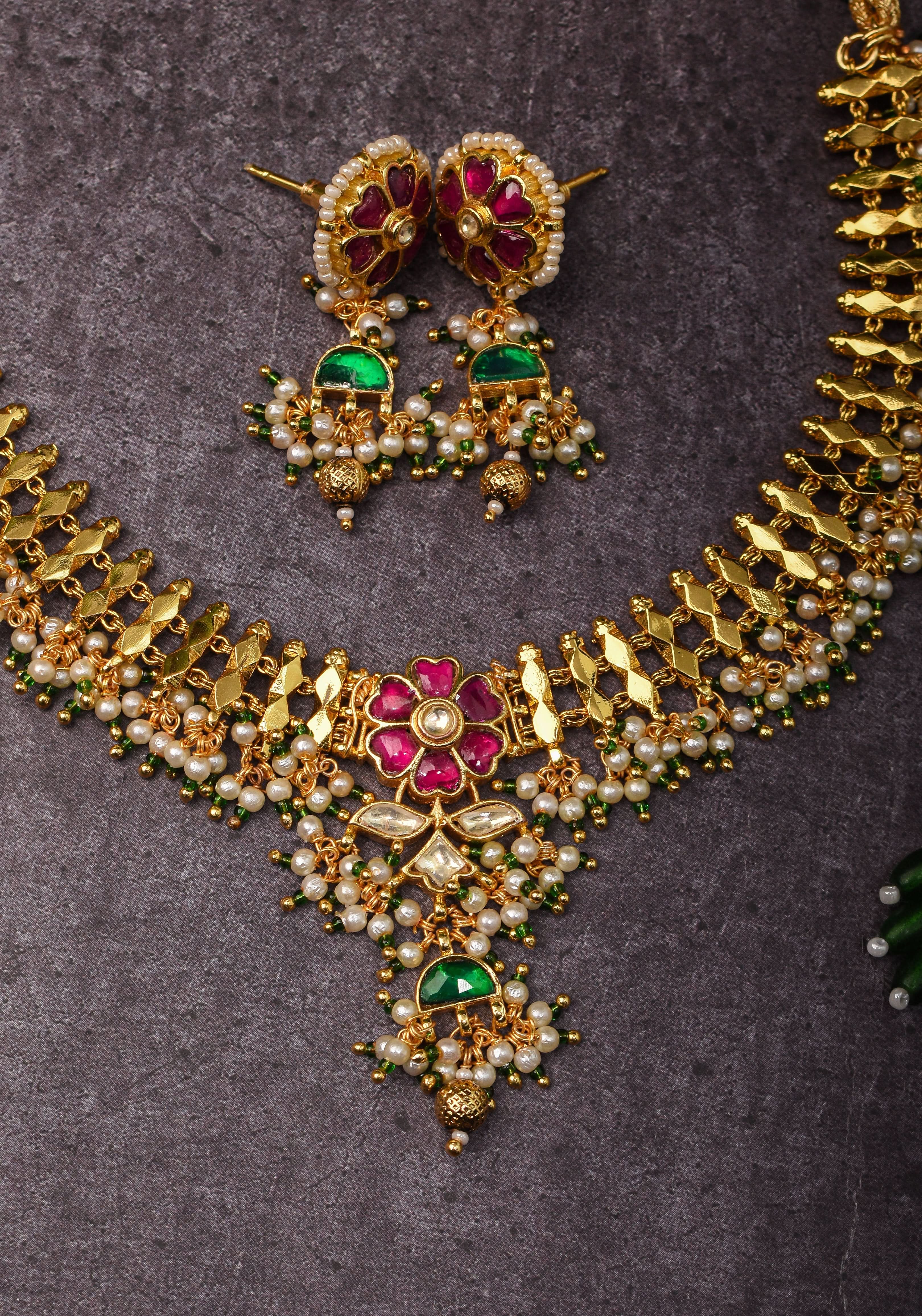 Microplated Gold Tone Flexible Design Choker Set with Floral Jadau center and dangling beads | Shobitam Jewelry