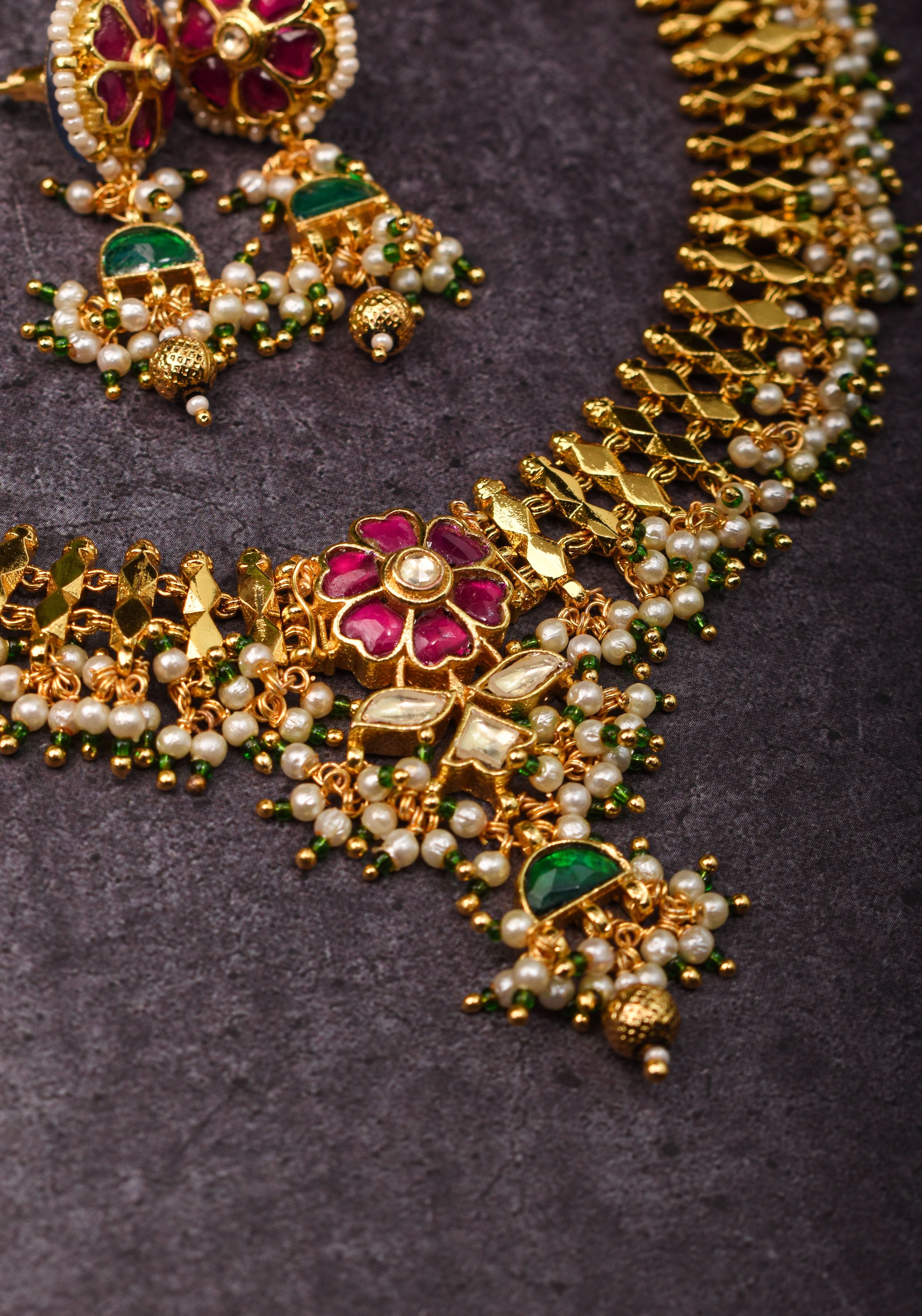 Microplated Gold Tone Flexible Design Choker Set with Floral Jadau center and dangling beads | Shobitam Jewelry