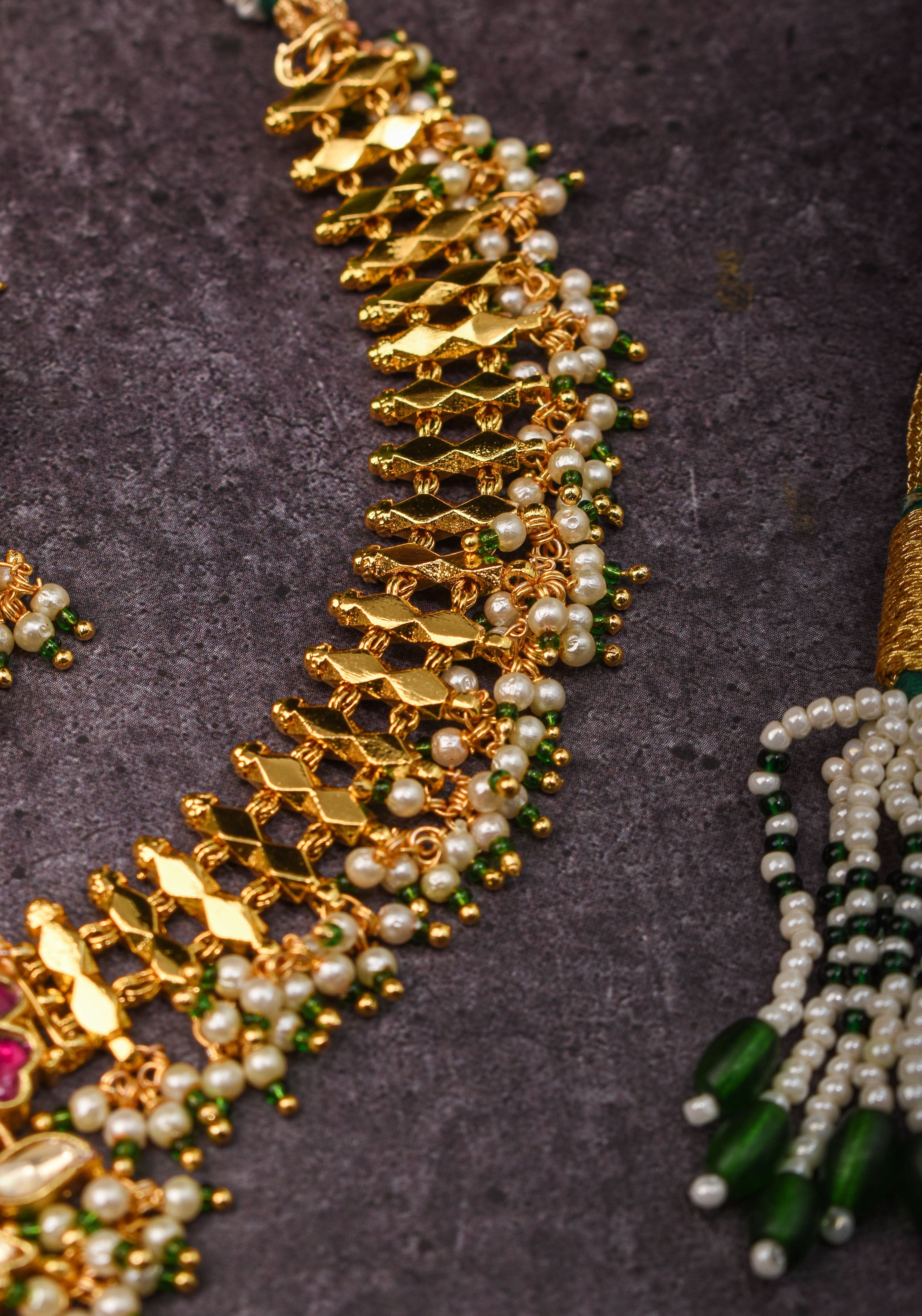 Microplated Gold Tone Flexible Design Choker Set with Floral Jadau center and dangling beads | Shobitam Jewelry