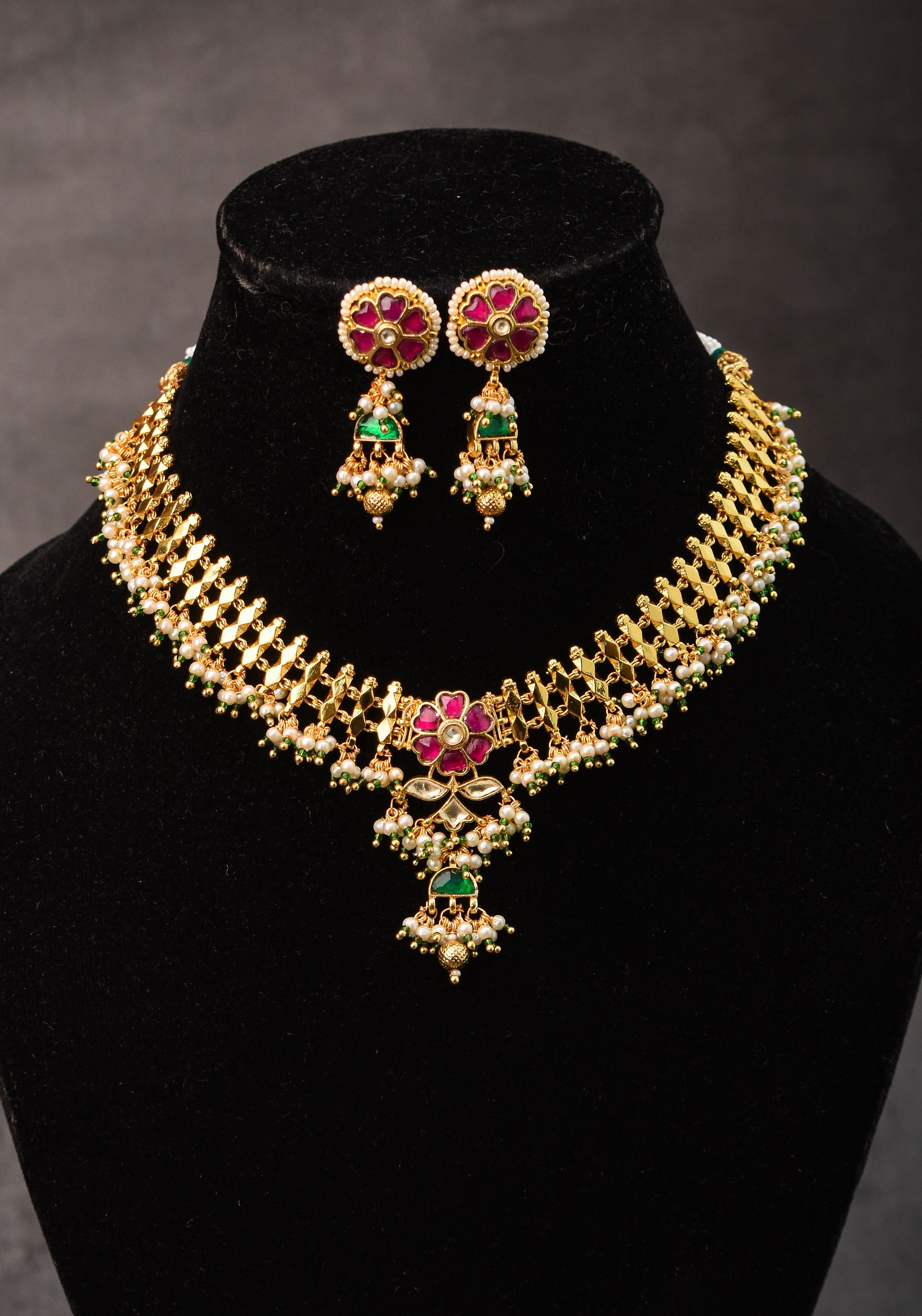 Microplated Gold Tone Flexible Design Choker Set with Floral Jadau center and dangling beads | Shobitam Jewelry