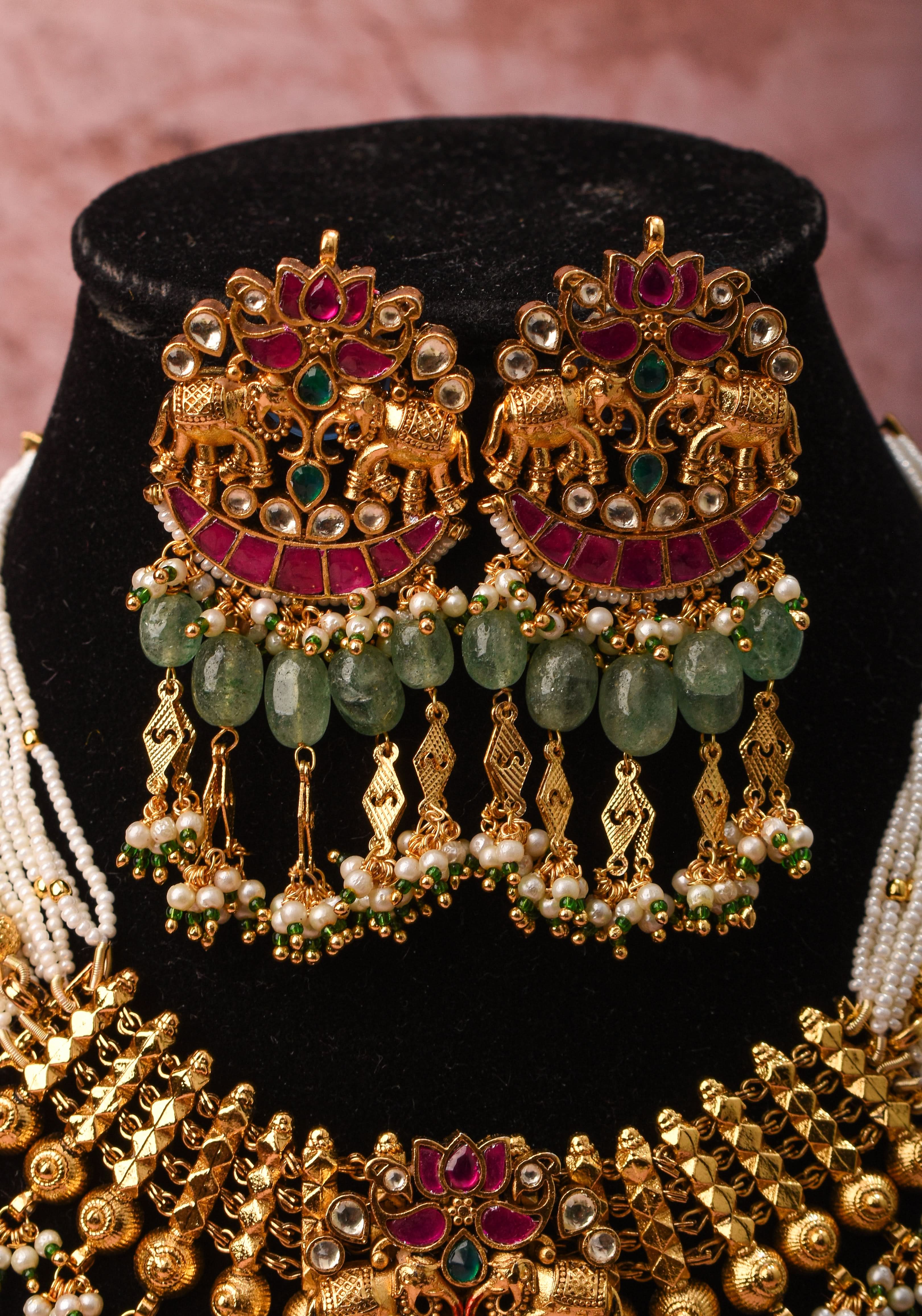 Antique Gold Tone White beads Multistrand Gold Tone Flexible Twin elephant design Simple Necklace Set with sage green dangling beads | SHOBITAM