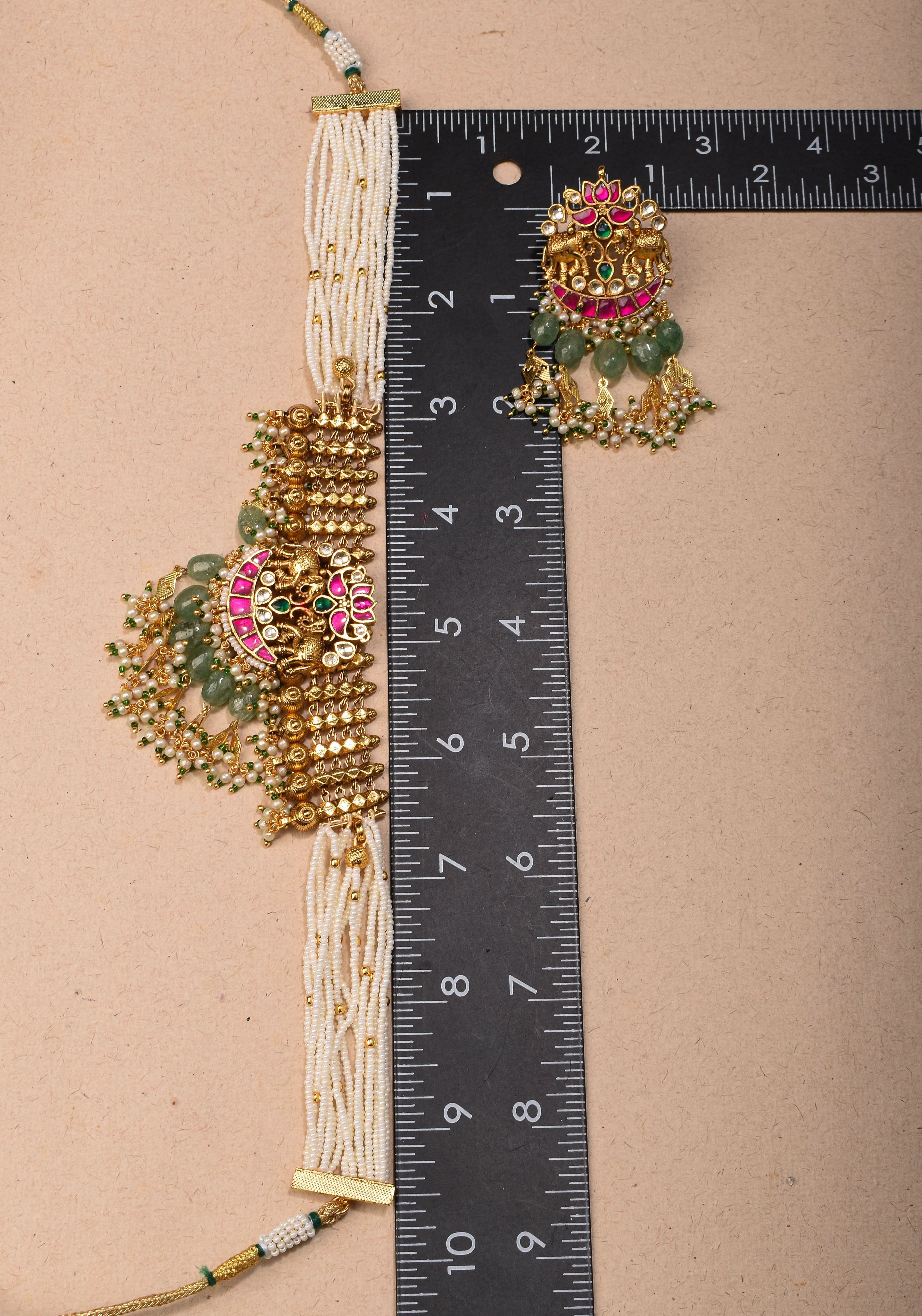 Antique Gold Tone White beads Multistrand Gold Tone Flexible Twin elephant design Simple Necklace Set with sage green dangling beads | SHOBITAM