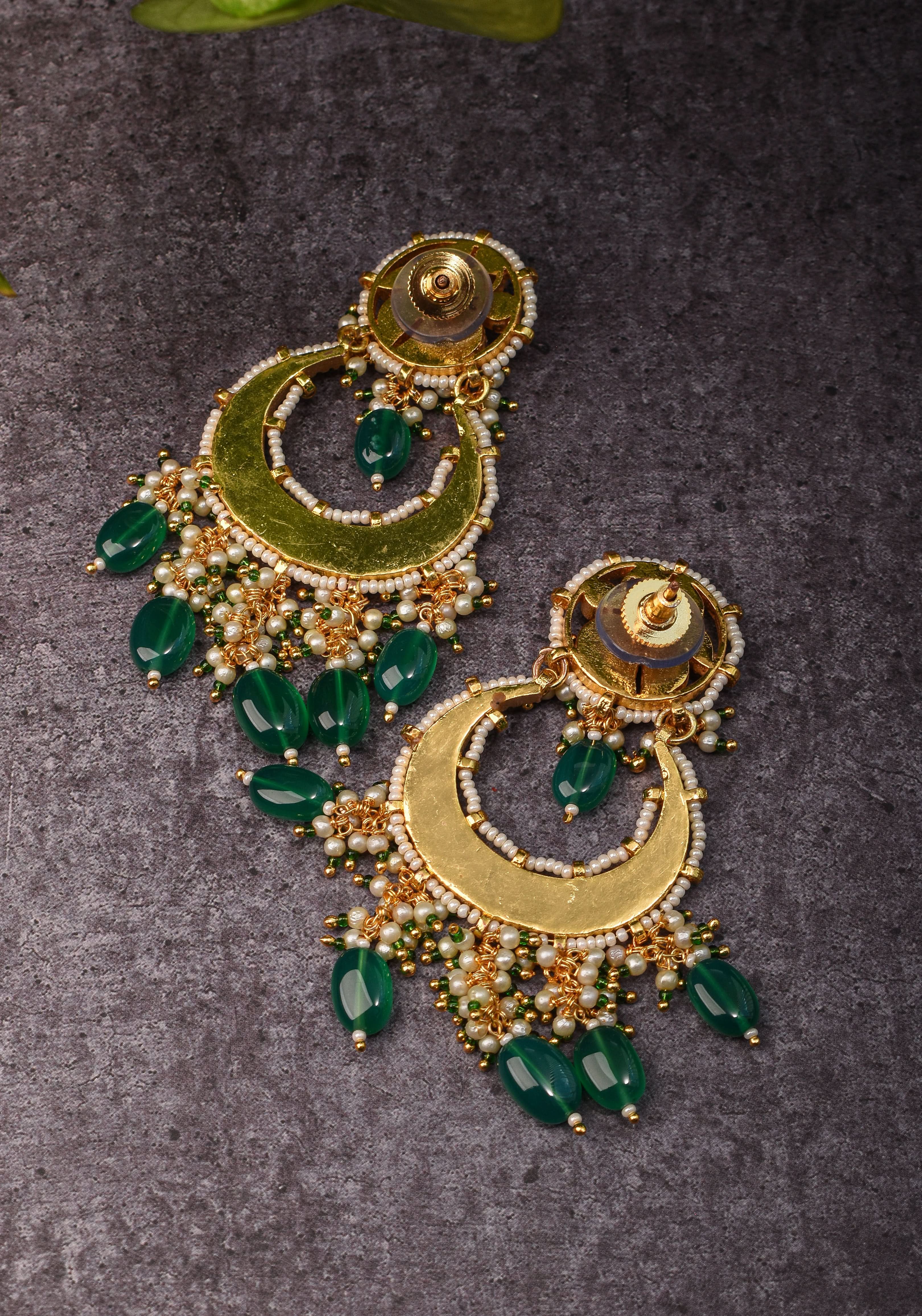 Chandbali Earrings with Pink, Green White & Blue Stones embedded in Jadau technique | Shobitam Jewelry