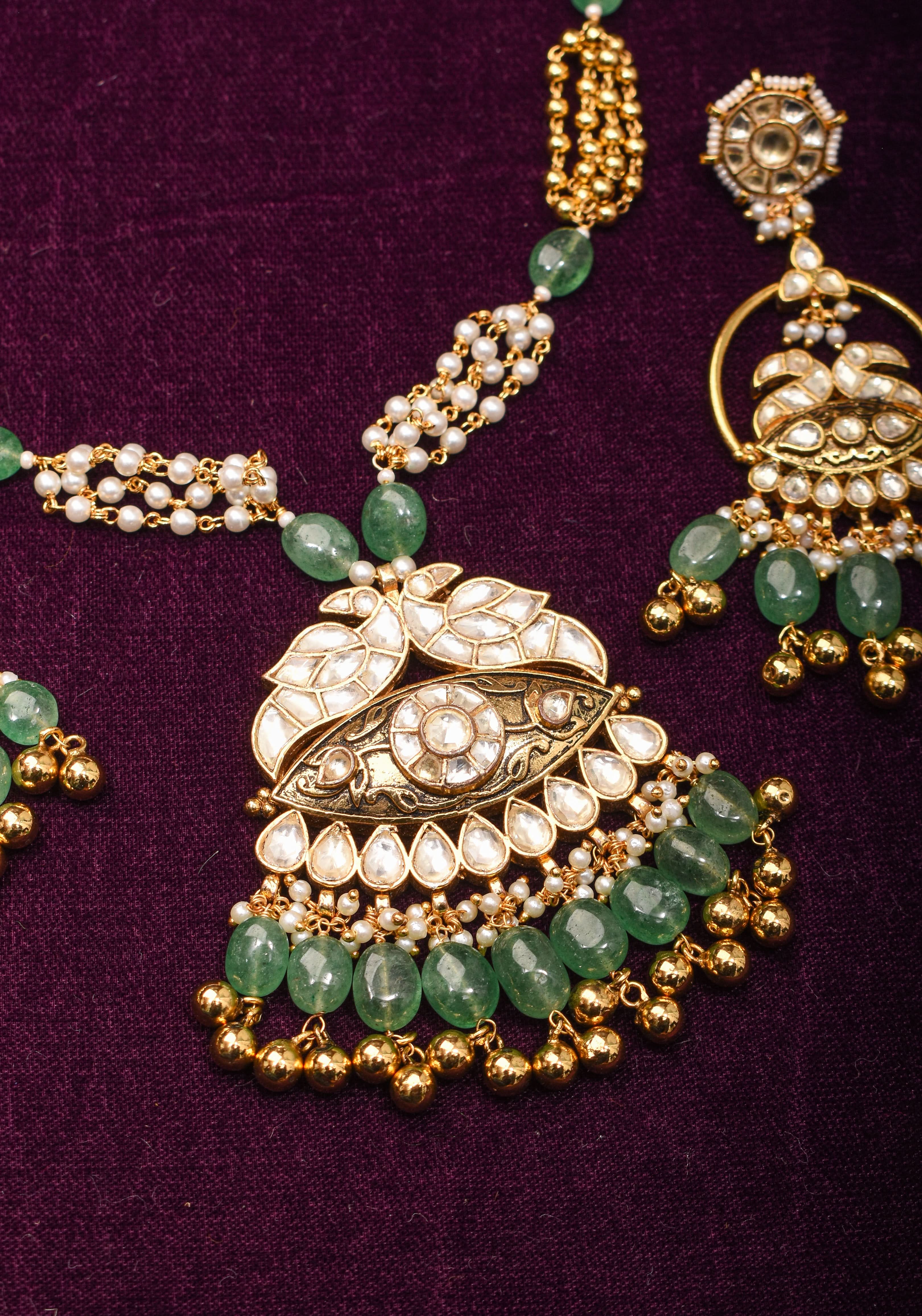 Jadau Pendant on Multistrand Sage Green Beads Necklace set with Twin Peacock Pendant and | Shobitam Jewelry