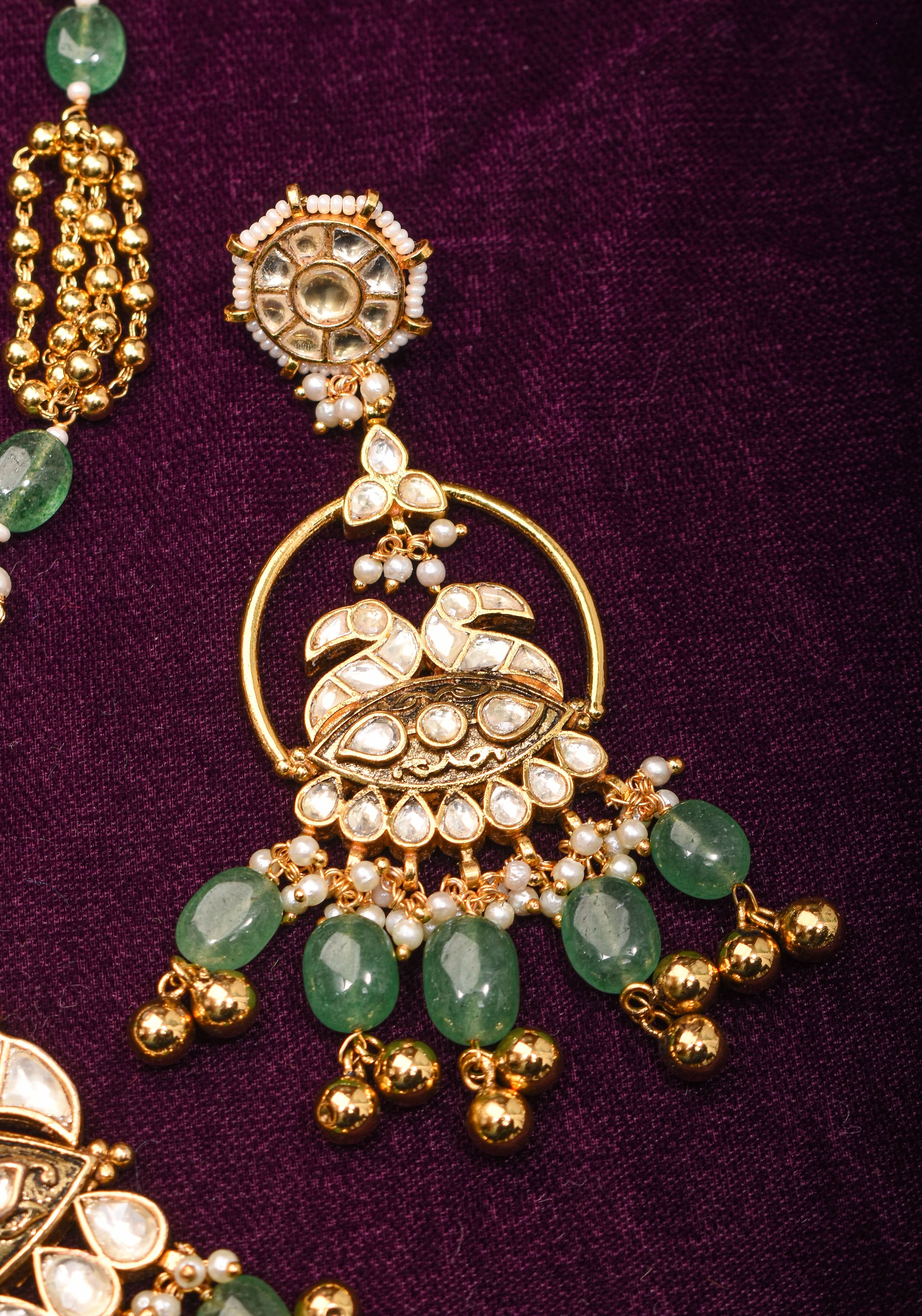Jadau Pendant on Multistrand Sage Green Beads Necklace set with Twin Peacock Pendant and | Shobitam Jewelry
