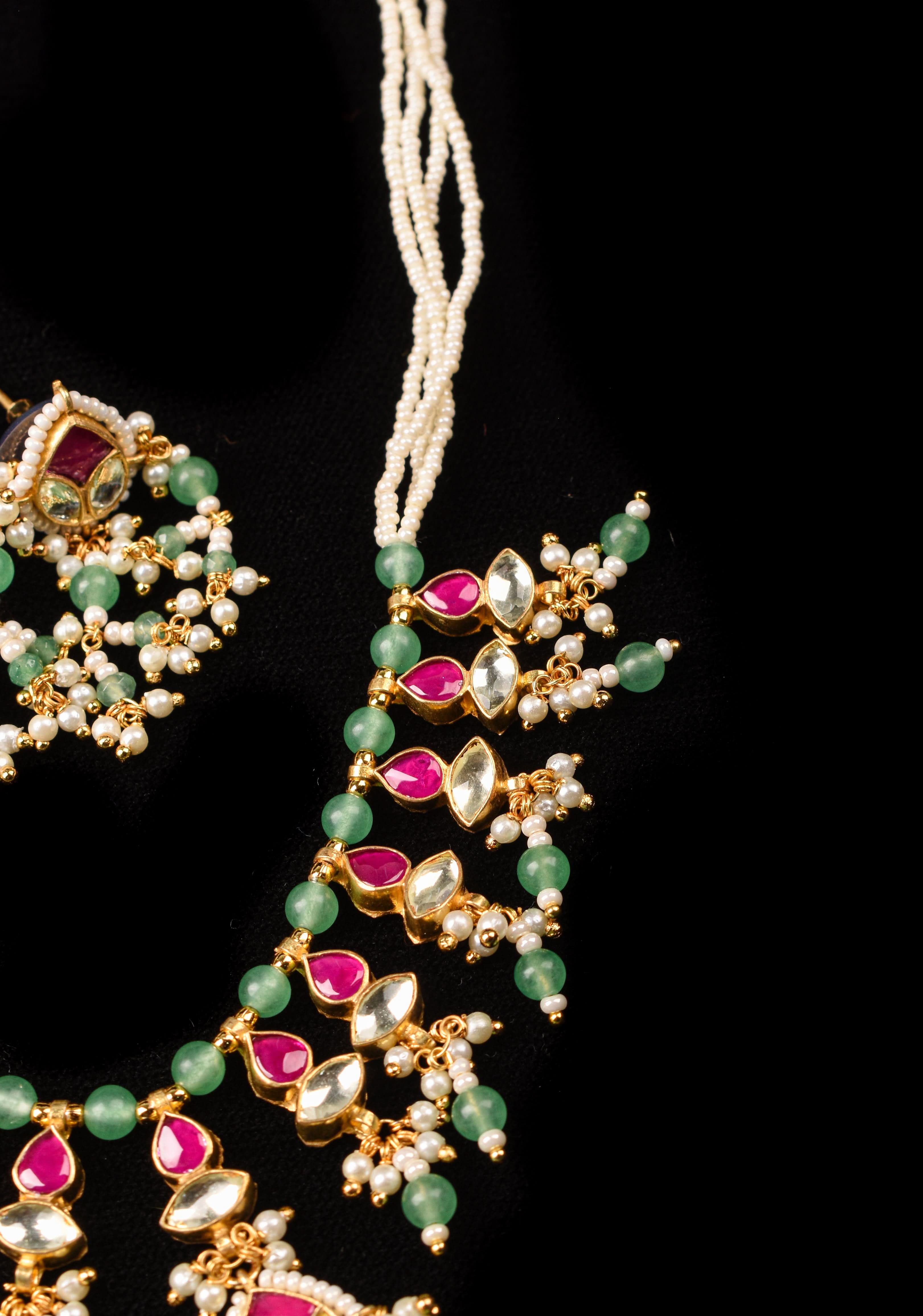 Simple and Lightweight Dangling Jadau Set necklace and Earrings Set | Shobitam