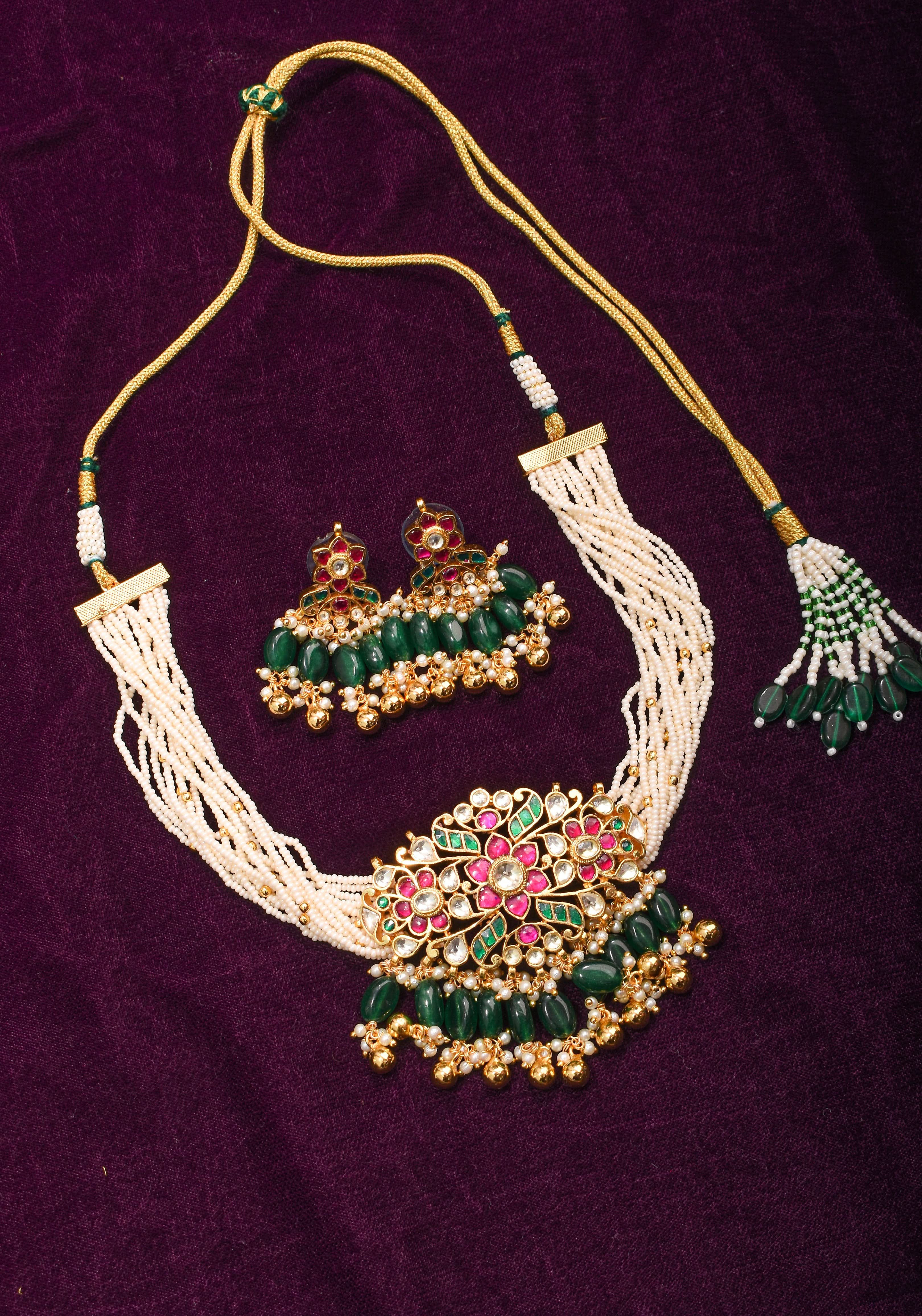Ornate Jadau Floral Pendant on Multistrand Necklace with Green Dangling Beads and Matching Earrings | SHOBITAM