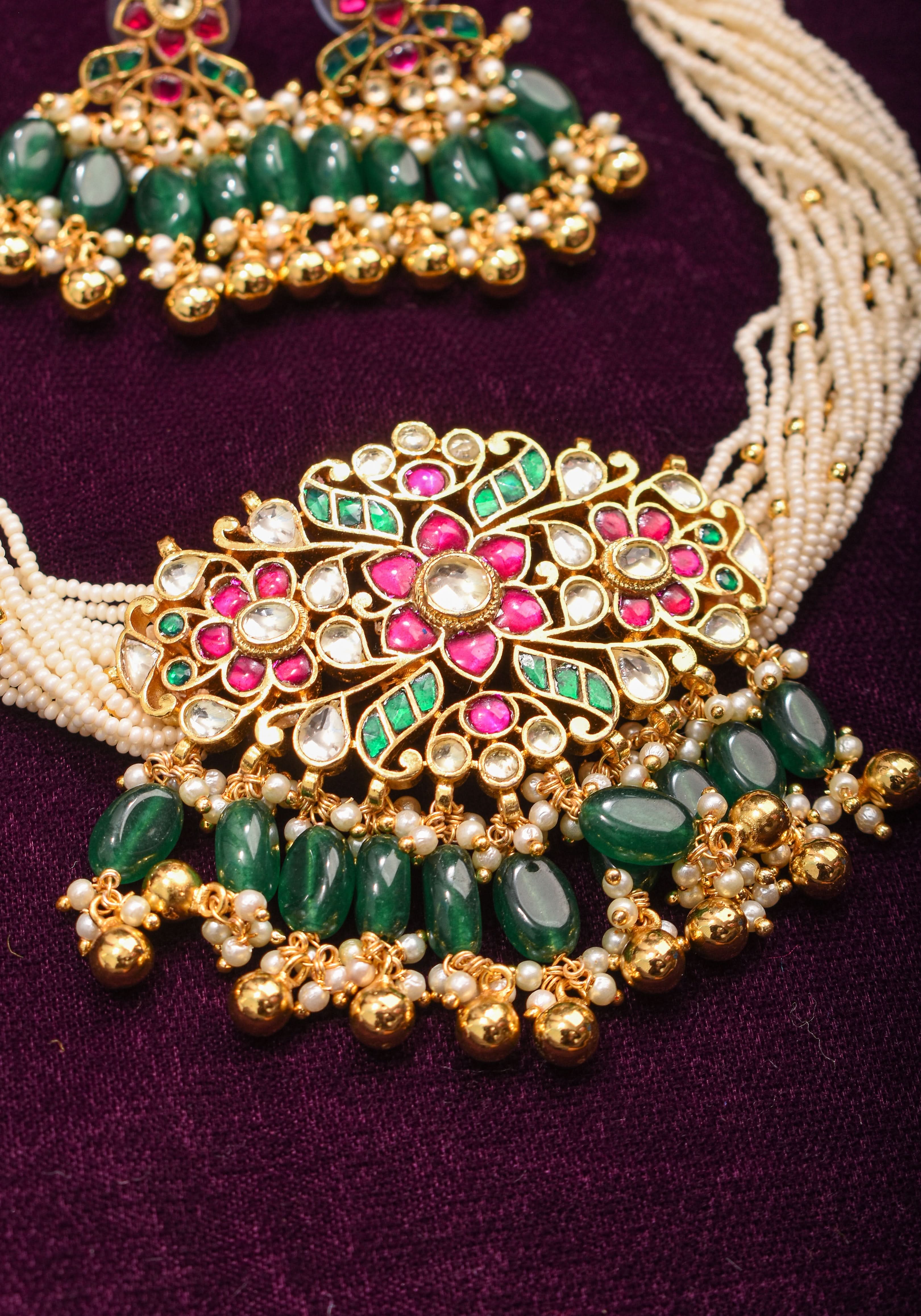 Ornate Jadau Floral Pendant on Multistrand Necklace with Green Dangling Beads and Matching Earrings | SHOBITAM