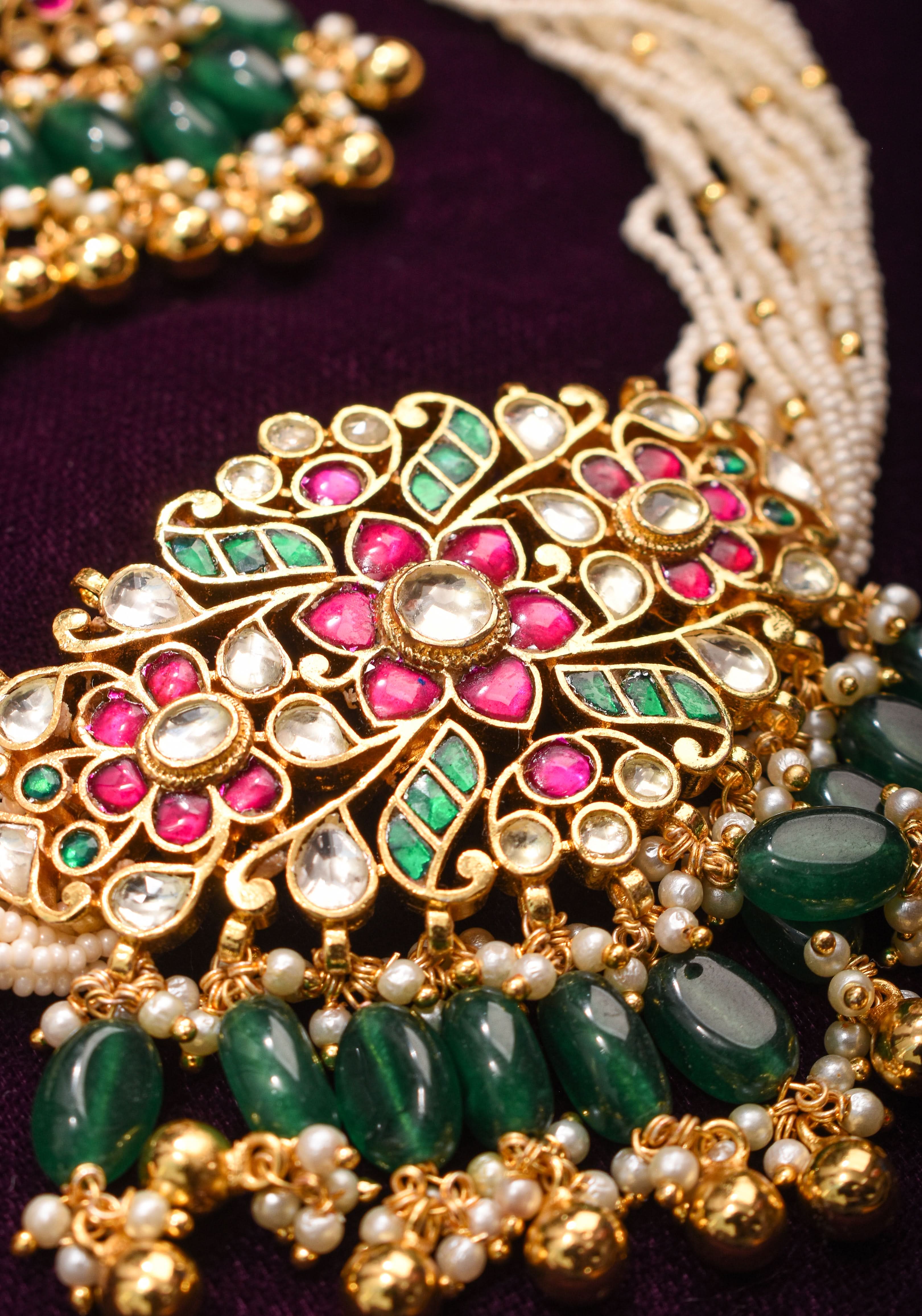 Ornate Jadau Floral Pendant on Multistrand Necklace with Green Dangling Beads and Matching Earrings | SHOBITAM