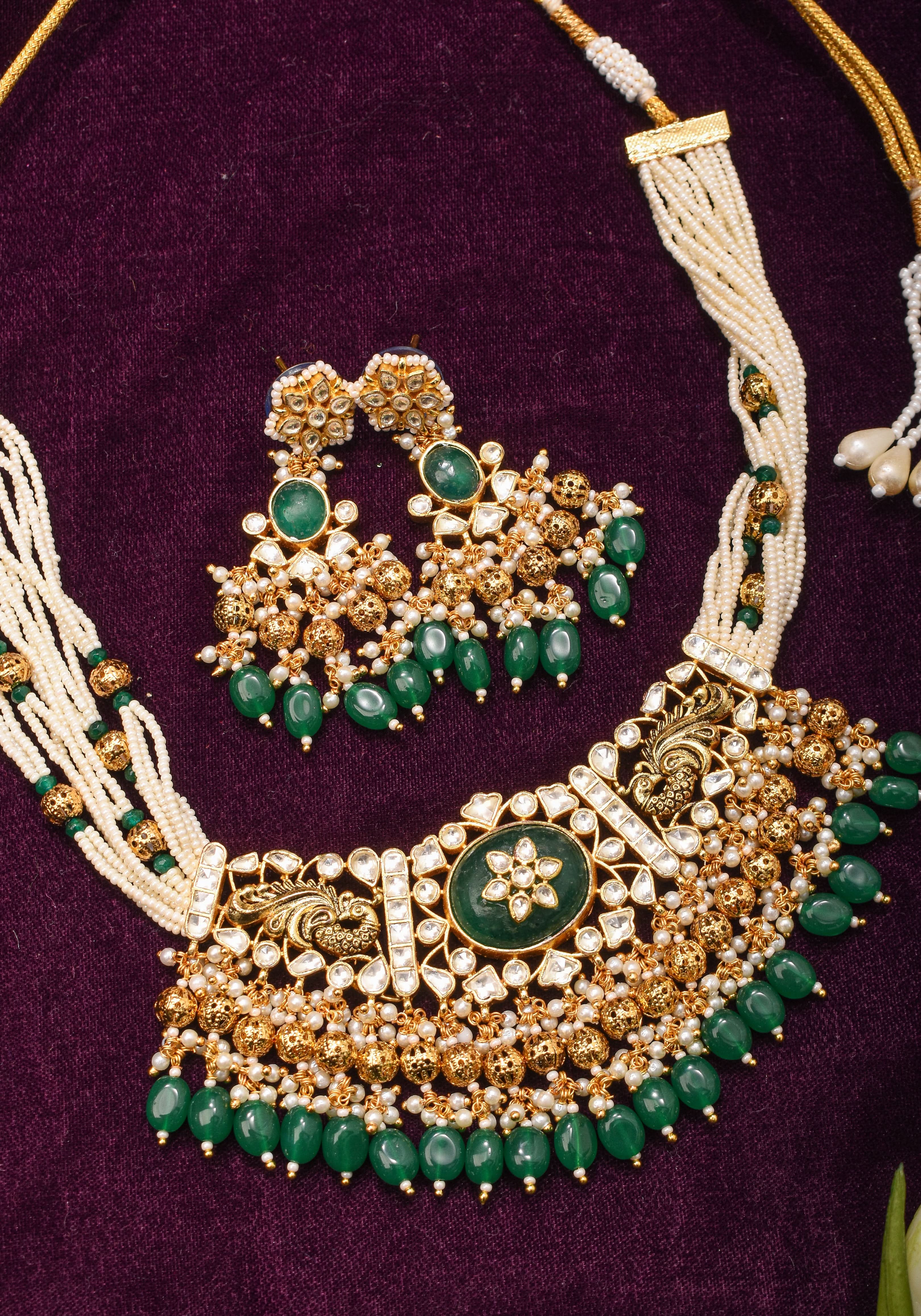 Ornate Jadau Pendant on Multistrand Necklace with Dangling Beads and Matching Earrings | Shobitam Jewelry