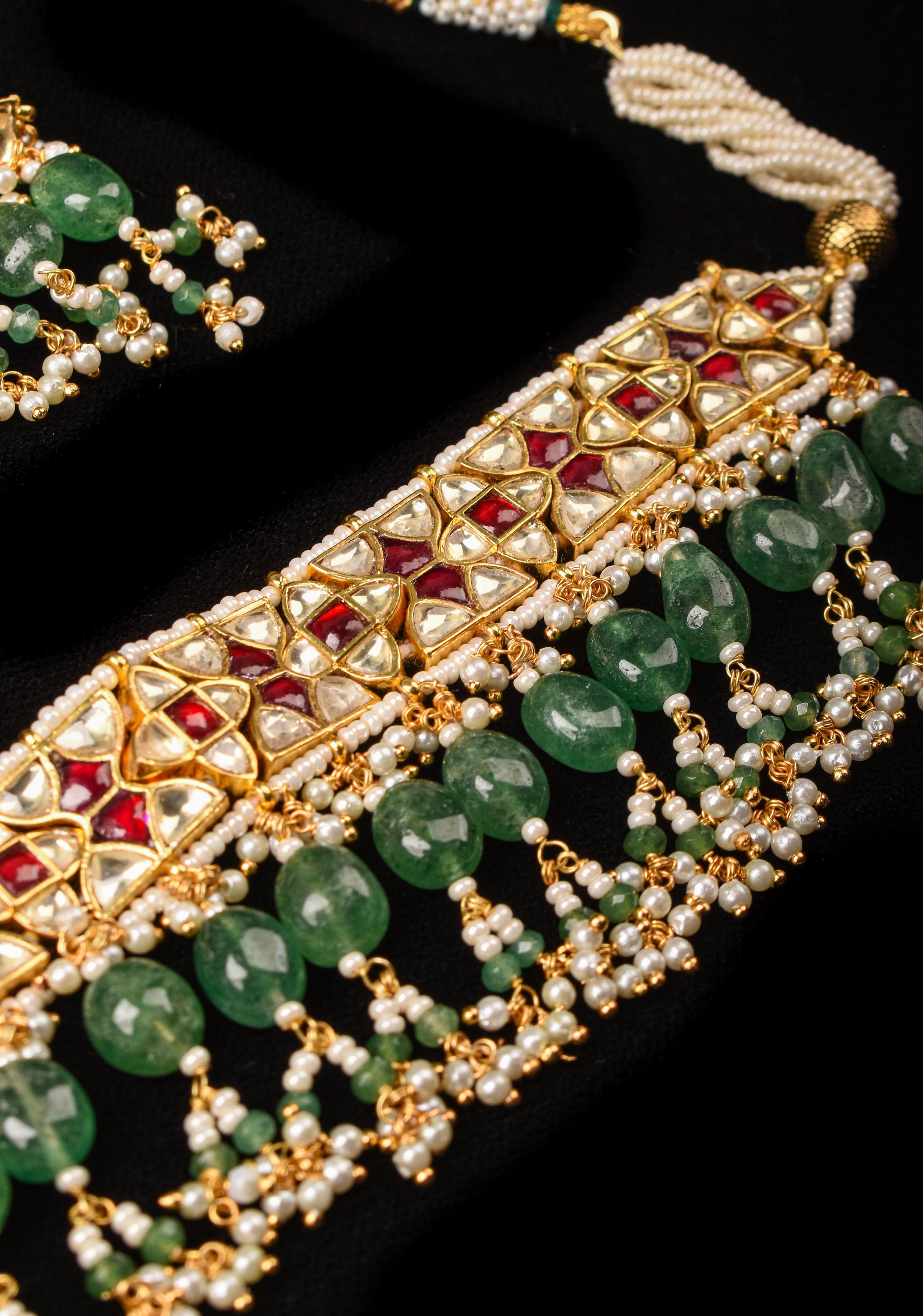 Exquisite 3 layer Jadau Necklace Set with Macthing earrings | SHOBITAM