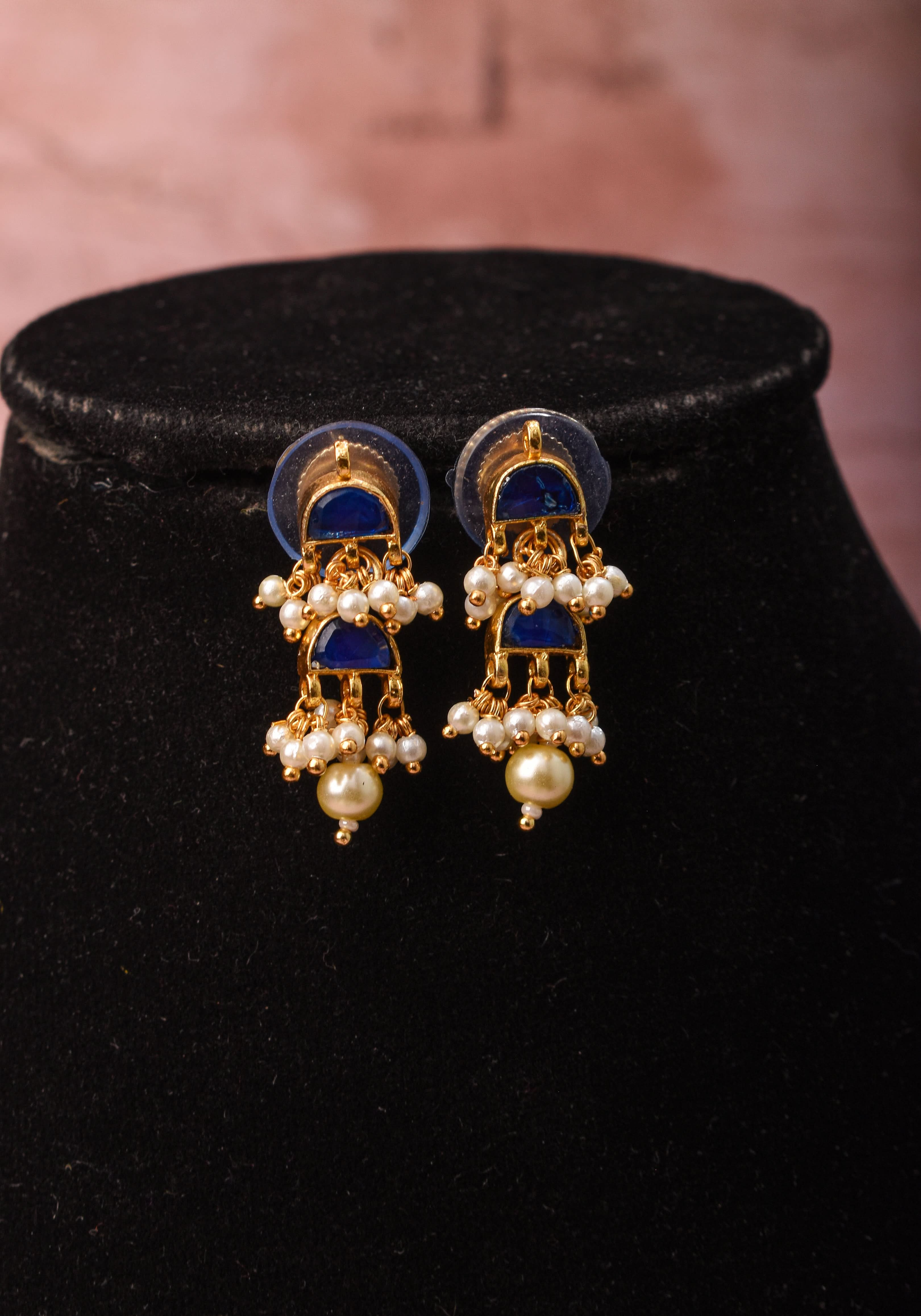 Lightweight Jadau Necklace Set with eleven dangling royal blue stones and matching earrings | Shobitam Jewelry