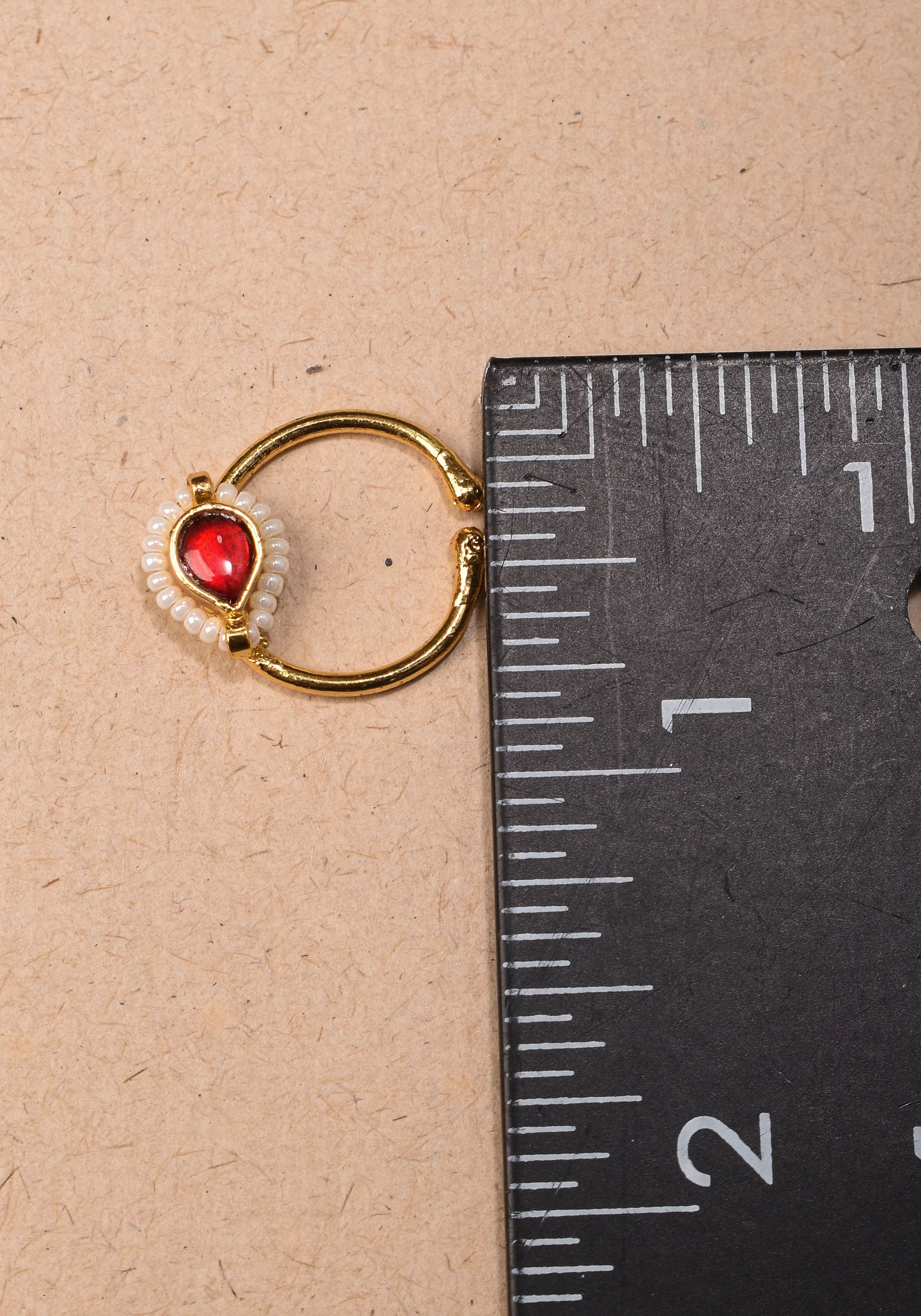 Red Kundan Clip on nose pin surrounded with Pearls Beads | Shobitam
