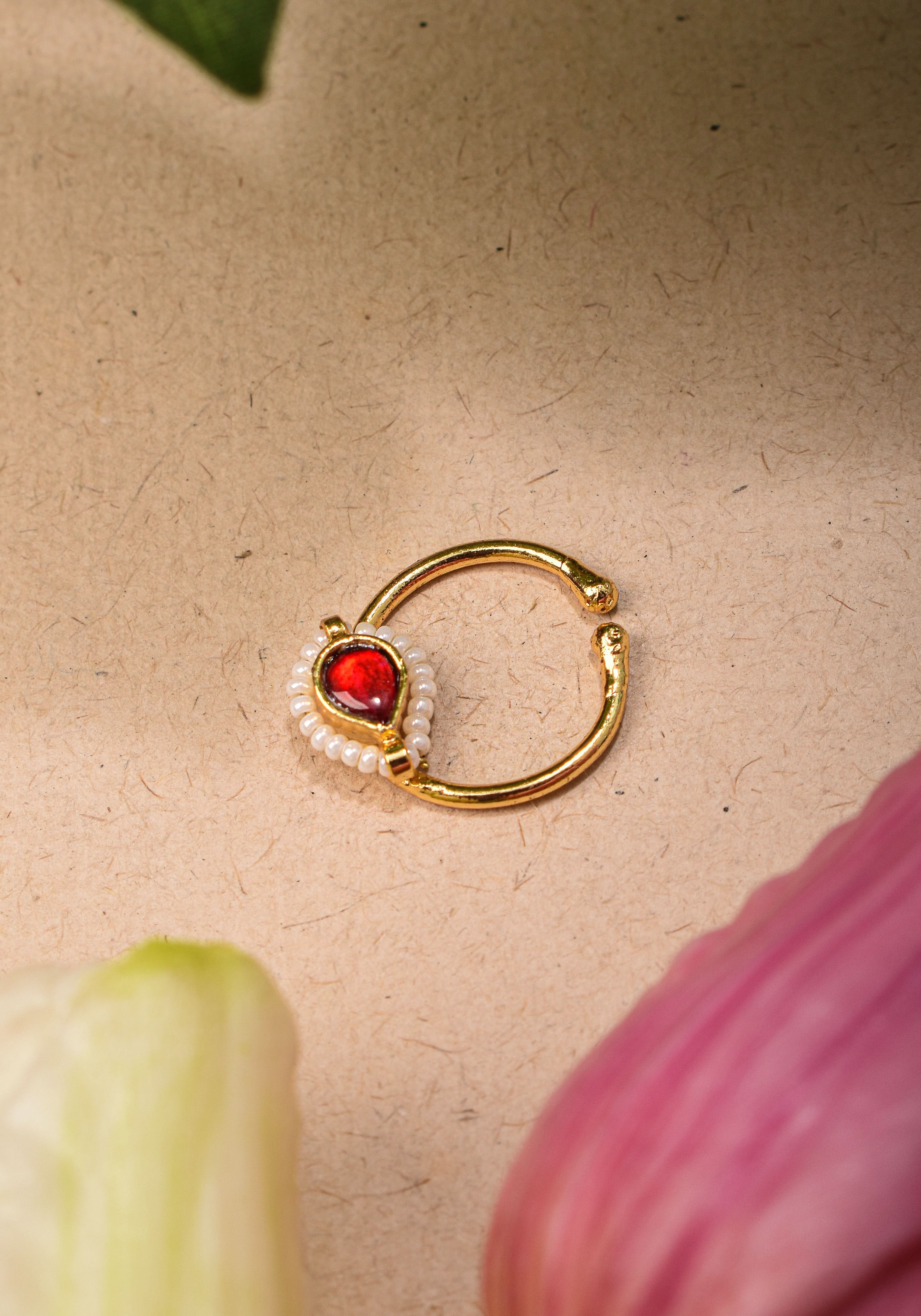 Red Kundan Clip on nose pin surrounded with Pearls Beads | Shobitam