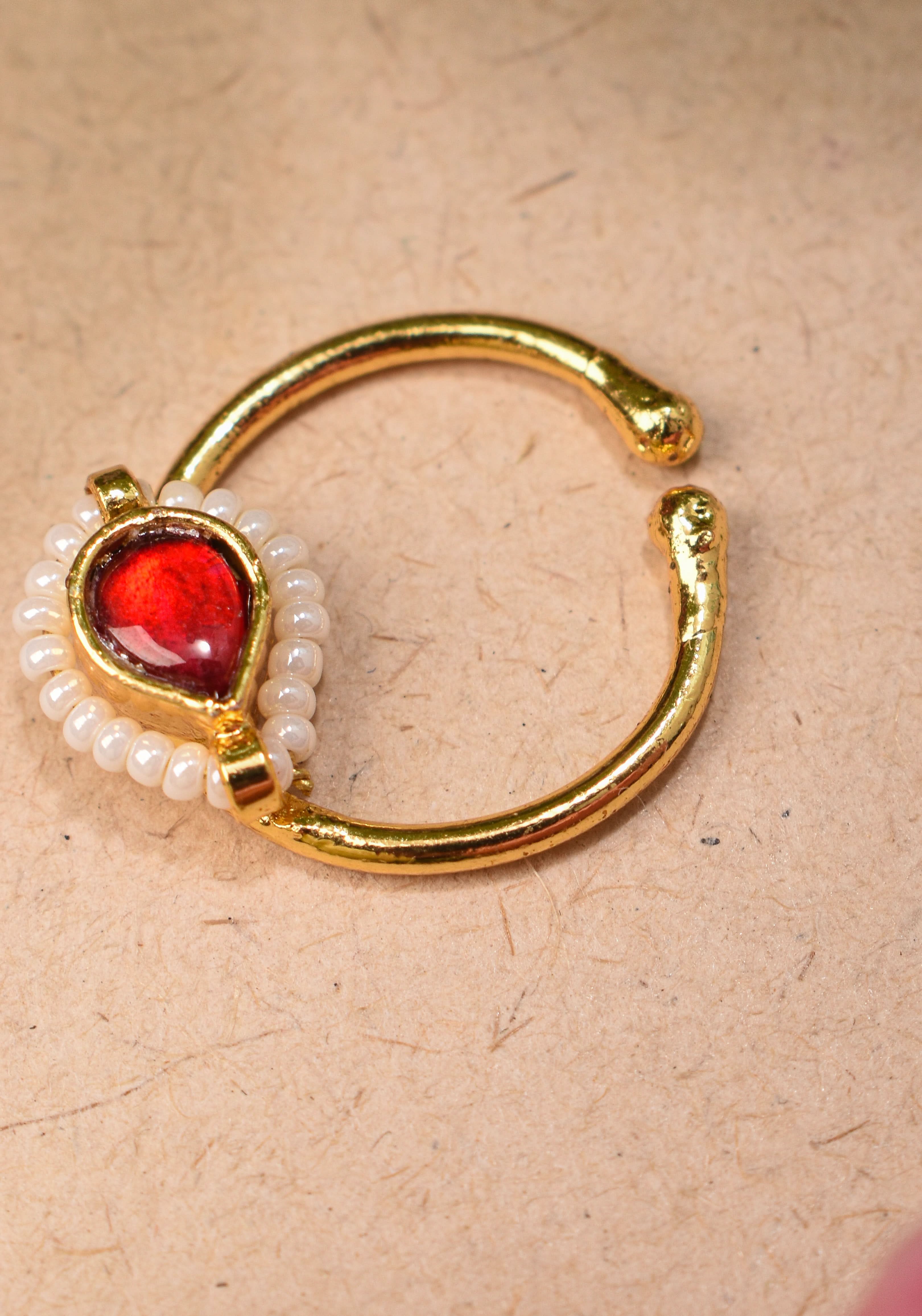 Red Kundan Clip on nose pin surrounded with Pearls Beads | Shobitam