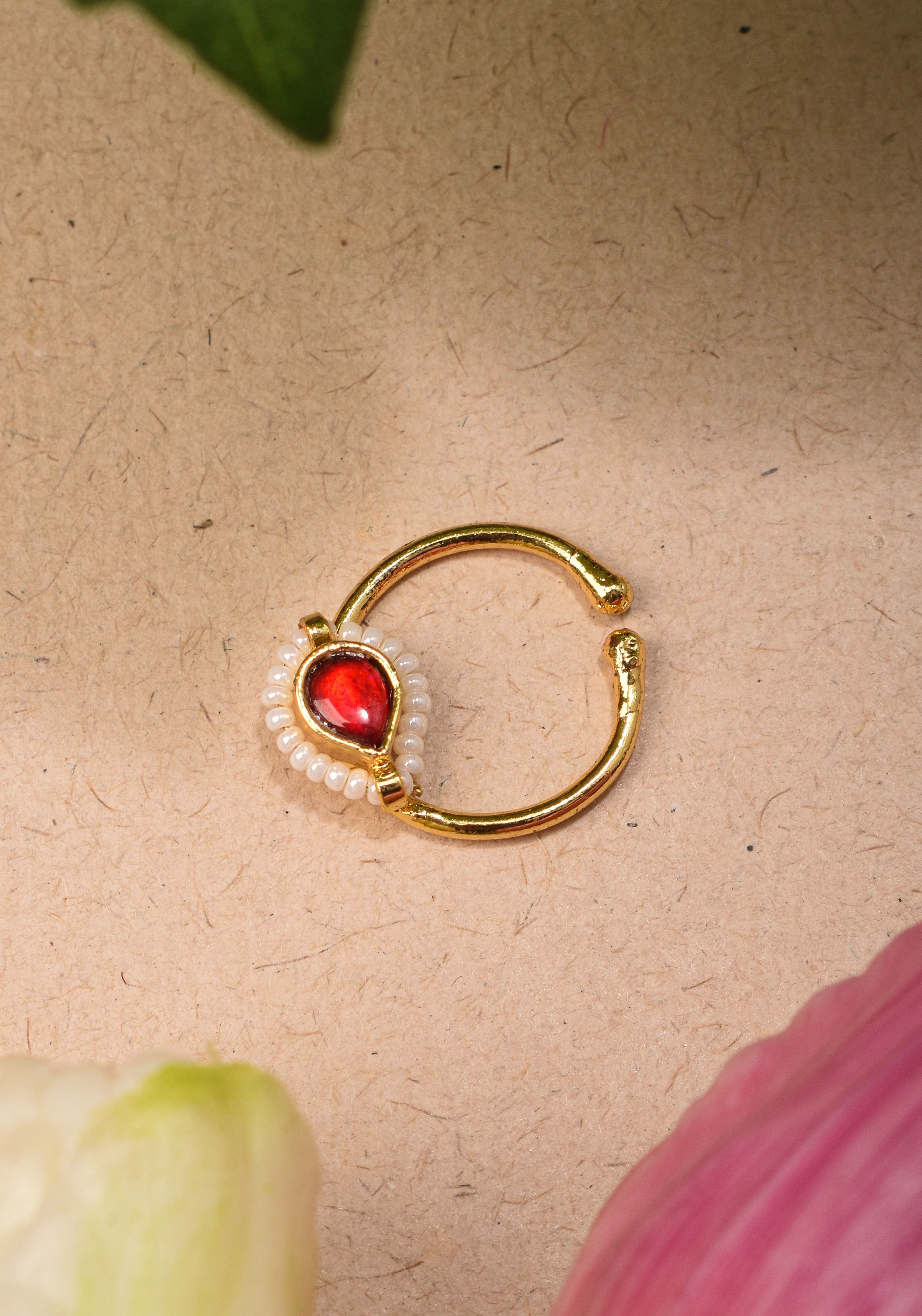 Red Kundan Clip on nose pin surrounded with Pearls Beads | Shobitam