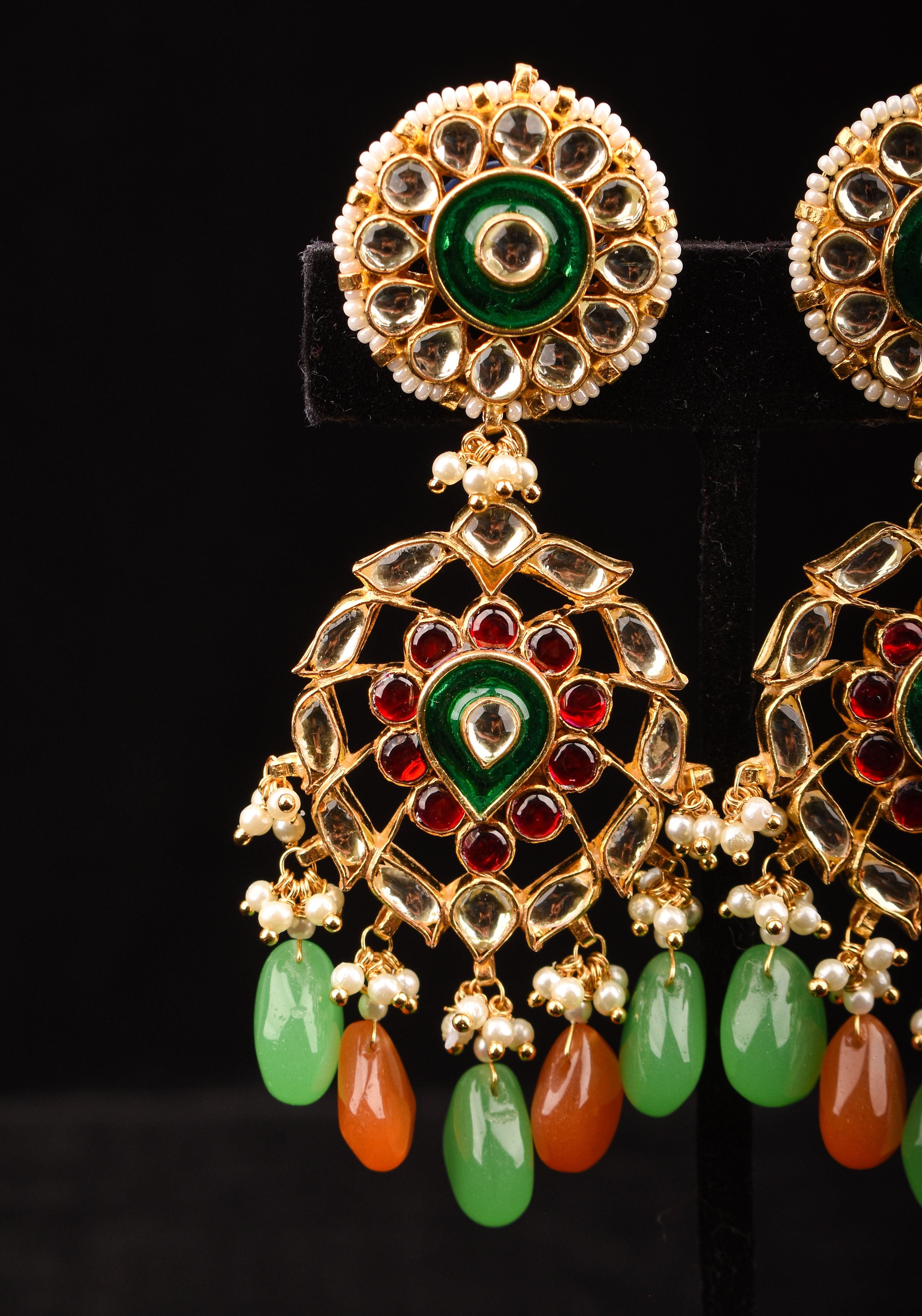 Kemp Stone Long earrings with dangling pearls and Beads in green, orange | Shobitam Jewelry