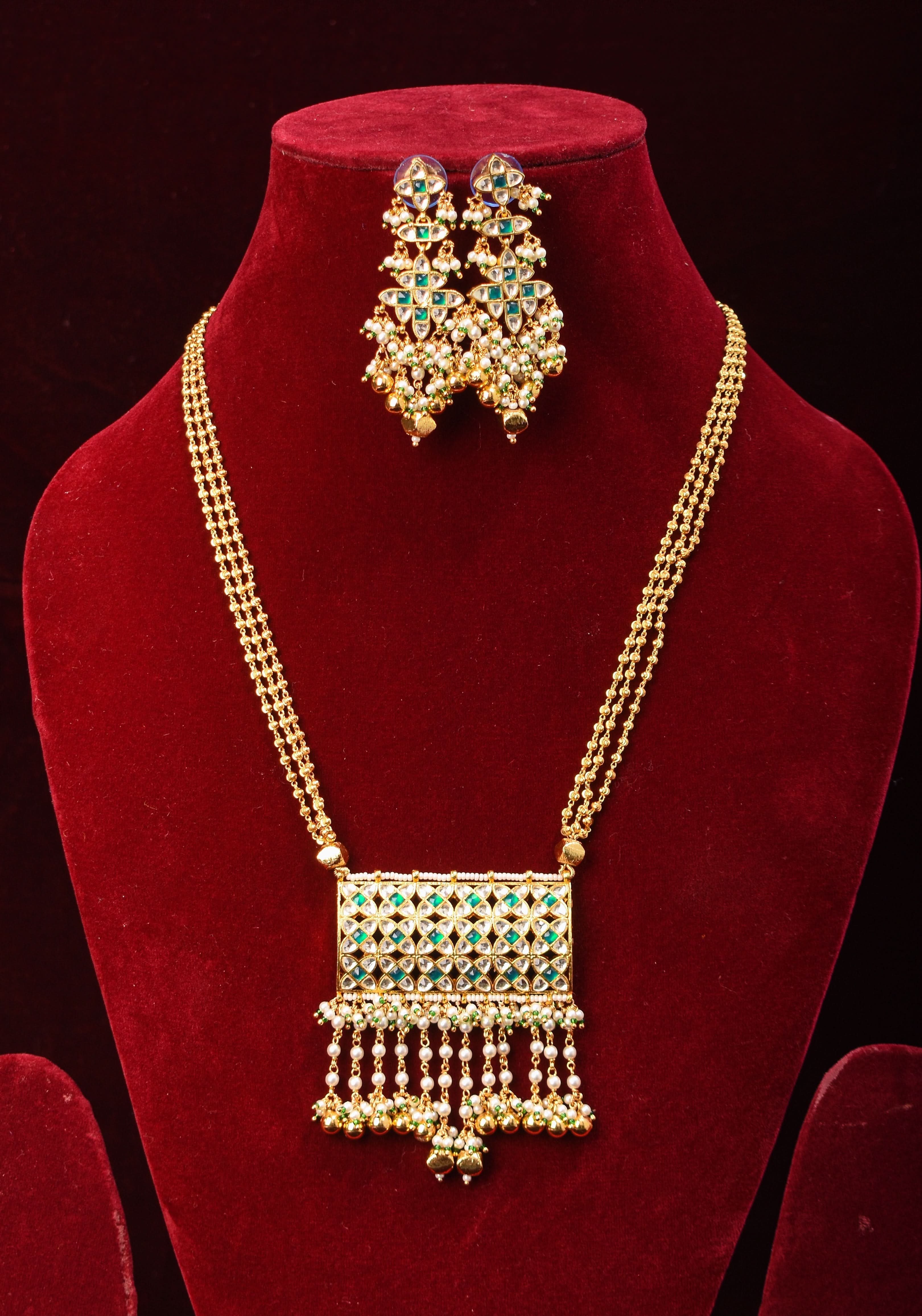 Rajwadi Rectangular Jadau Pendant with 3 strand necklace and dangling earrings, Microplated | SHOBITAM