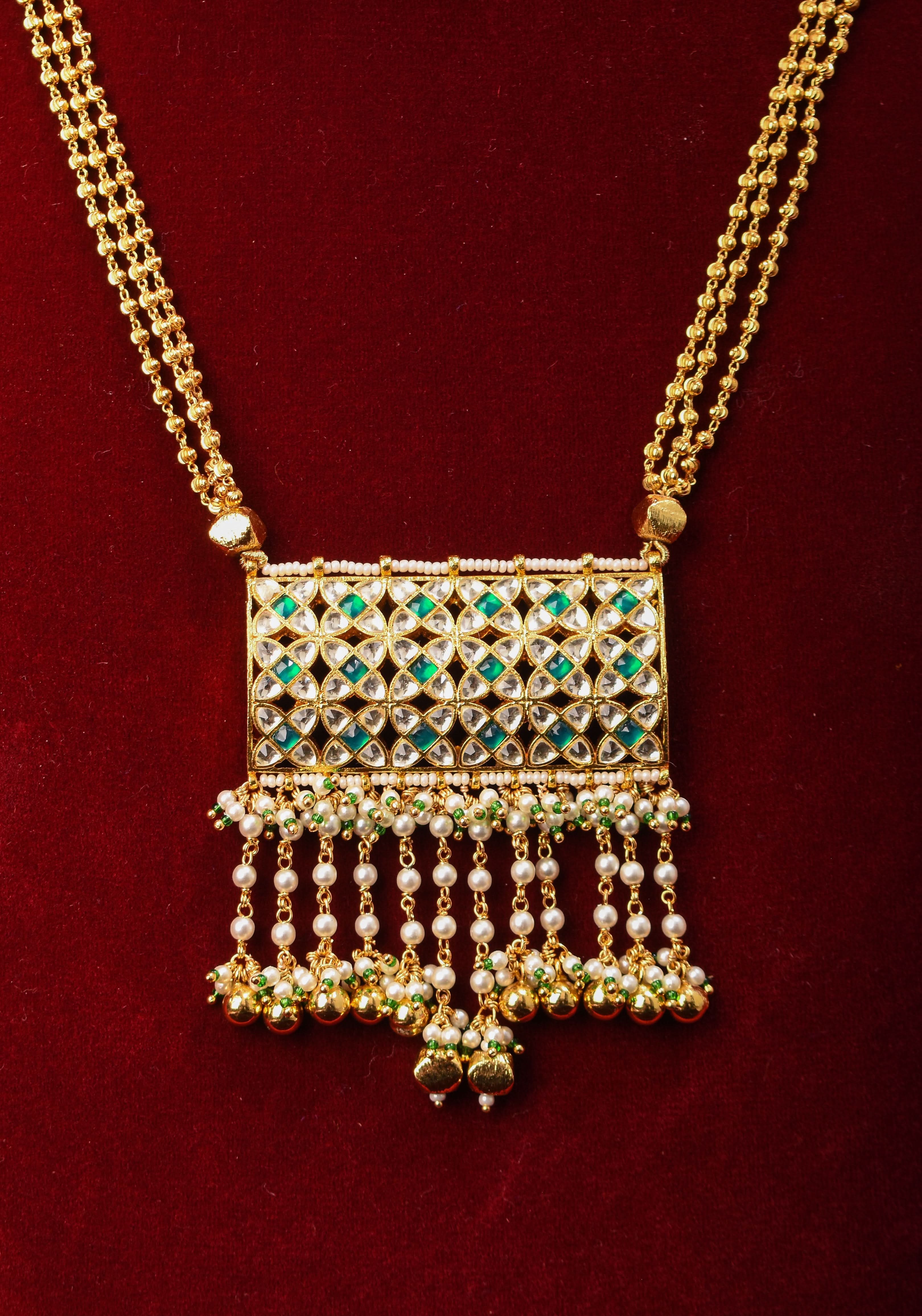 Rajwadi Rectangular Jadau Pendant with 3 strand necklace and dangling earrings, Microplated | SHOBITAM