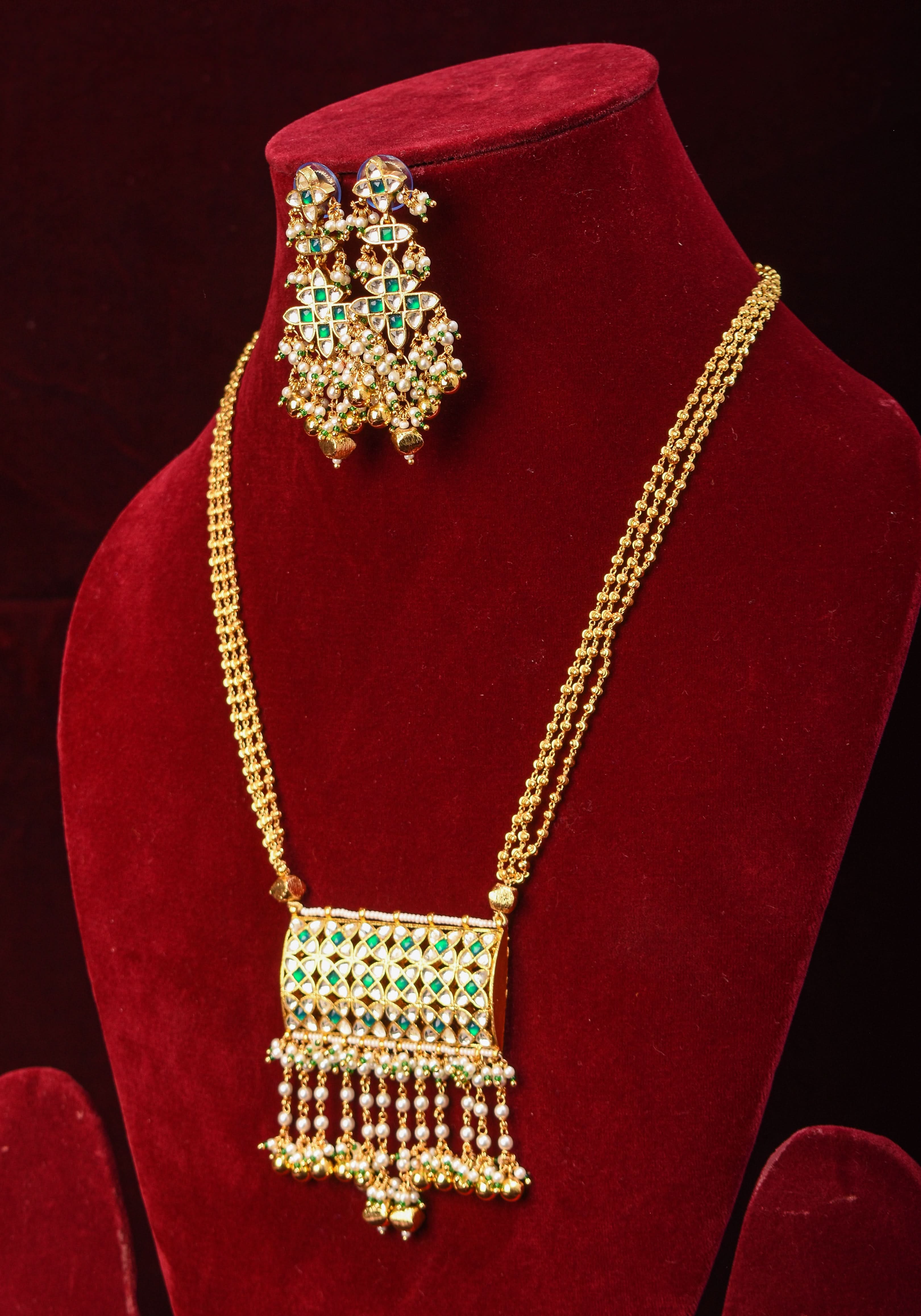 Rajwadi Rectangular Jadau Pendant with 3 strand necklace and dangling earrings, Microplated | SHOBITAM