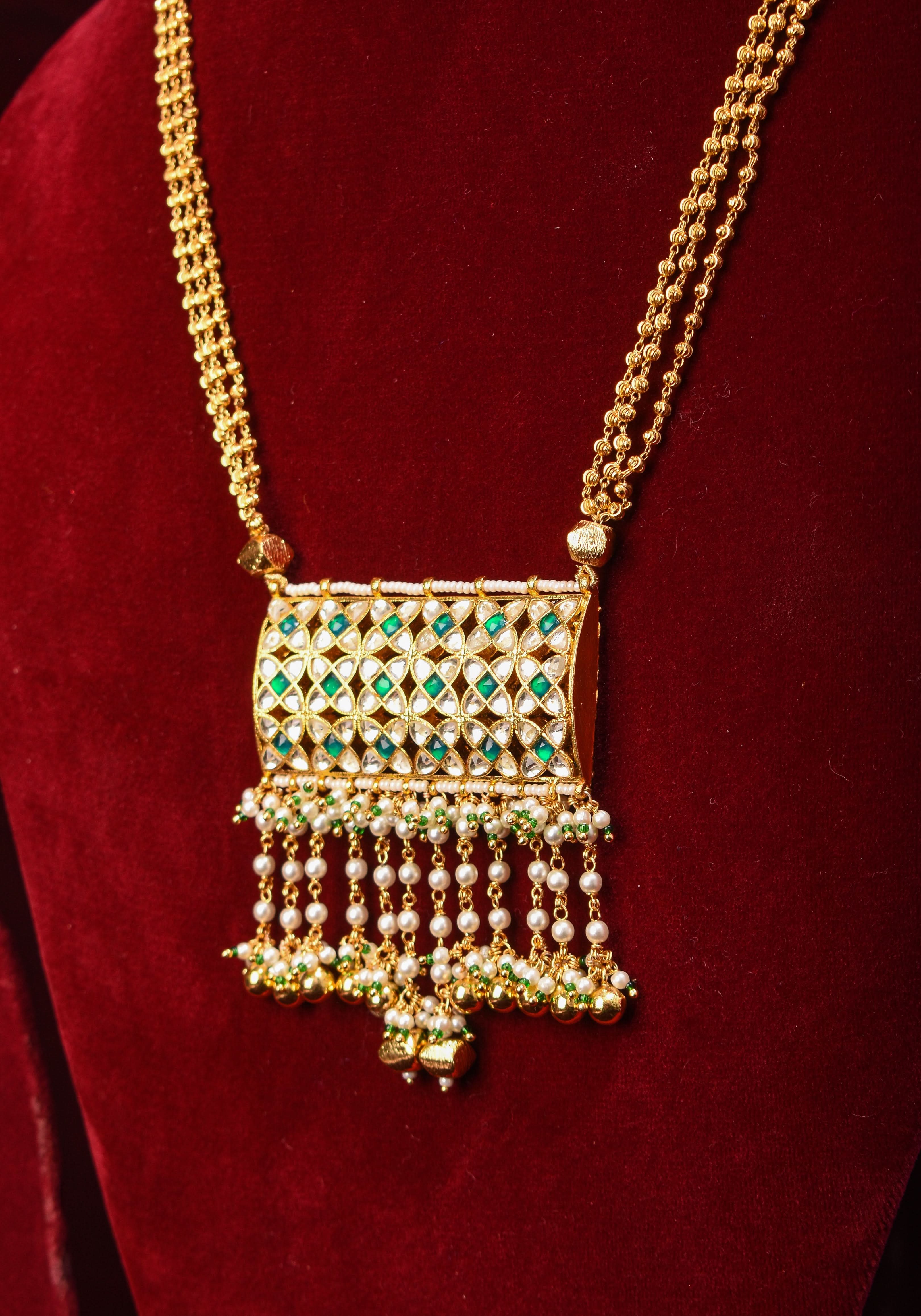 Rajwadi Rectangular Jadau Pendant with 3 strand necklace and dangling earrings, Microplated | SHOBITAM