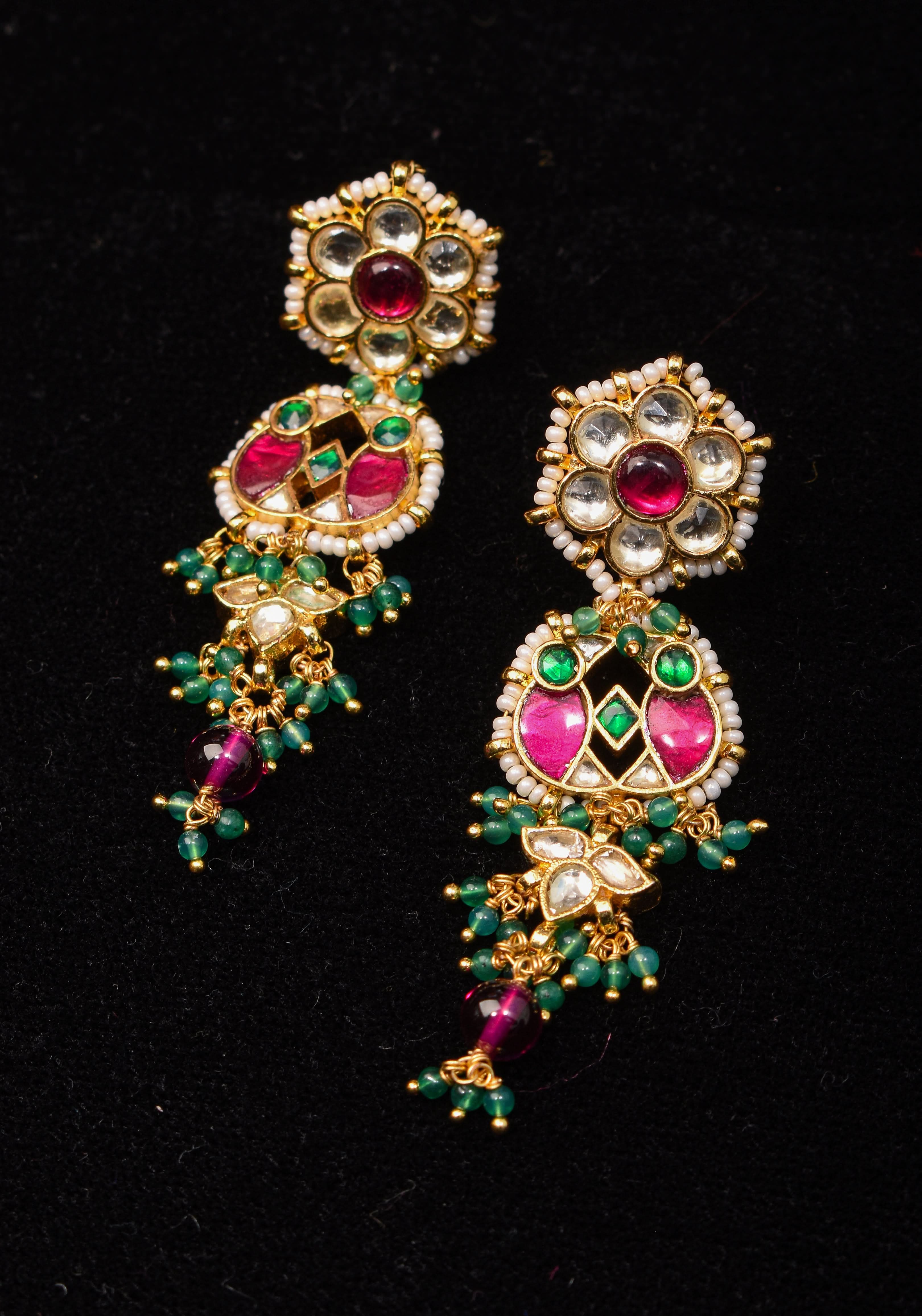 Earrings with flower  embedded in Jadau technique and dangling beads | SHOBITAM