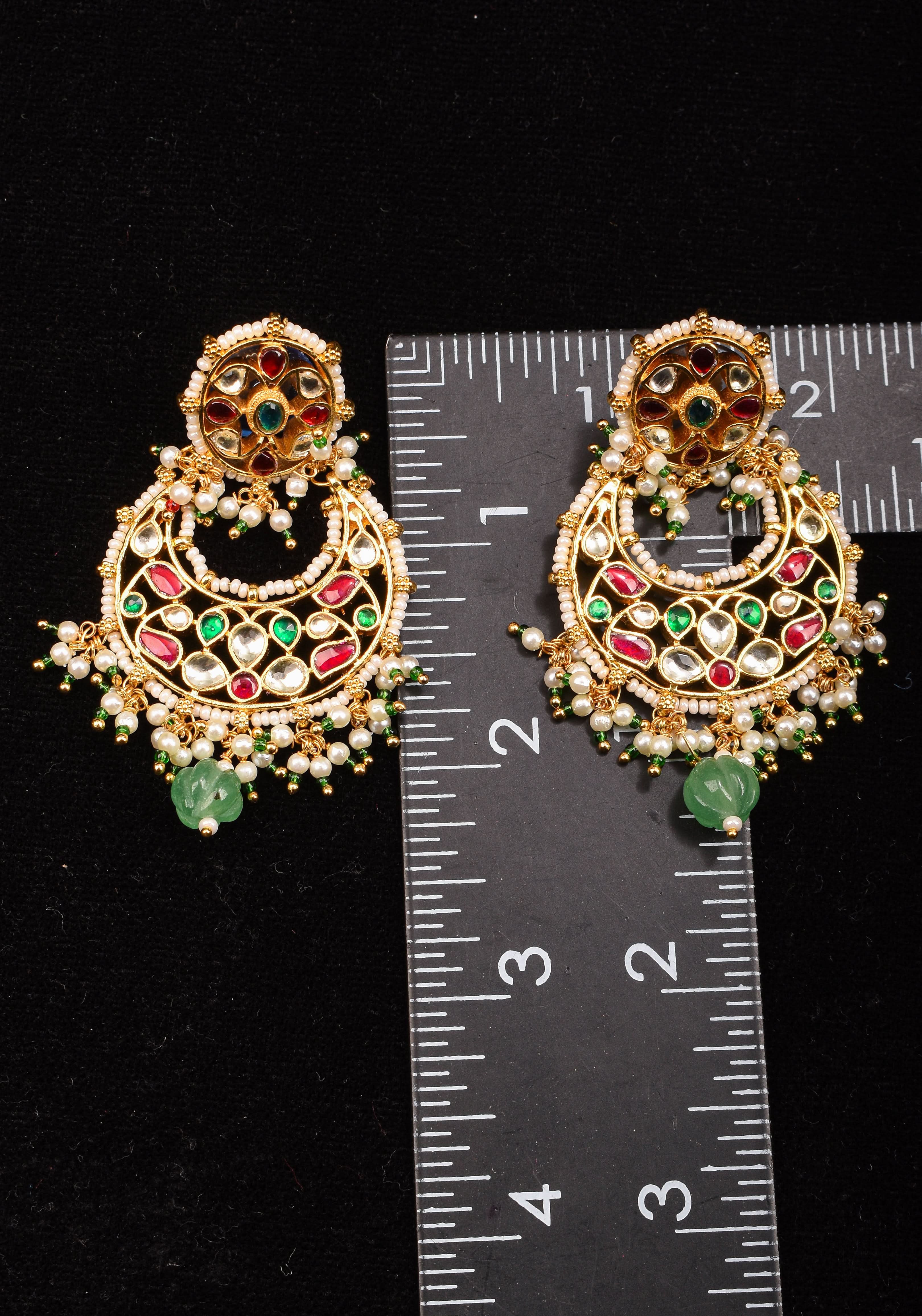 2.5" Jadau Chandbali Earrings with 3 color stones | Shobitam