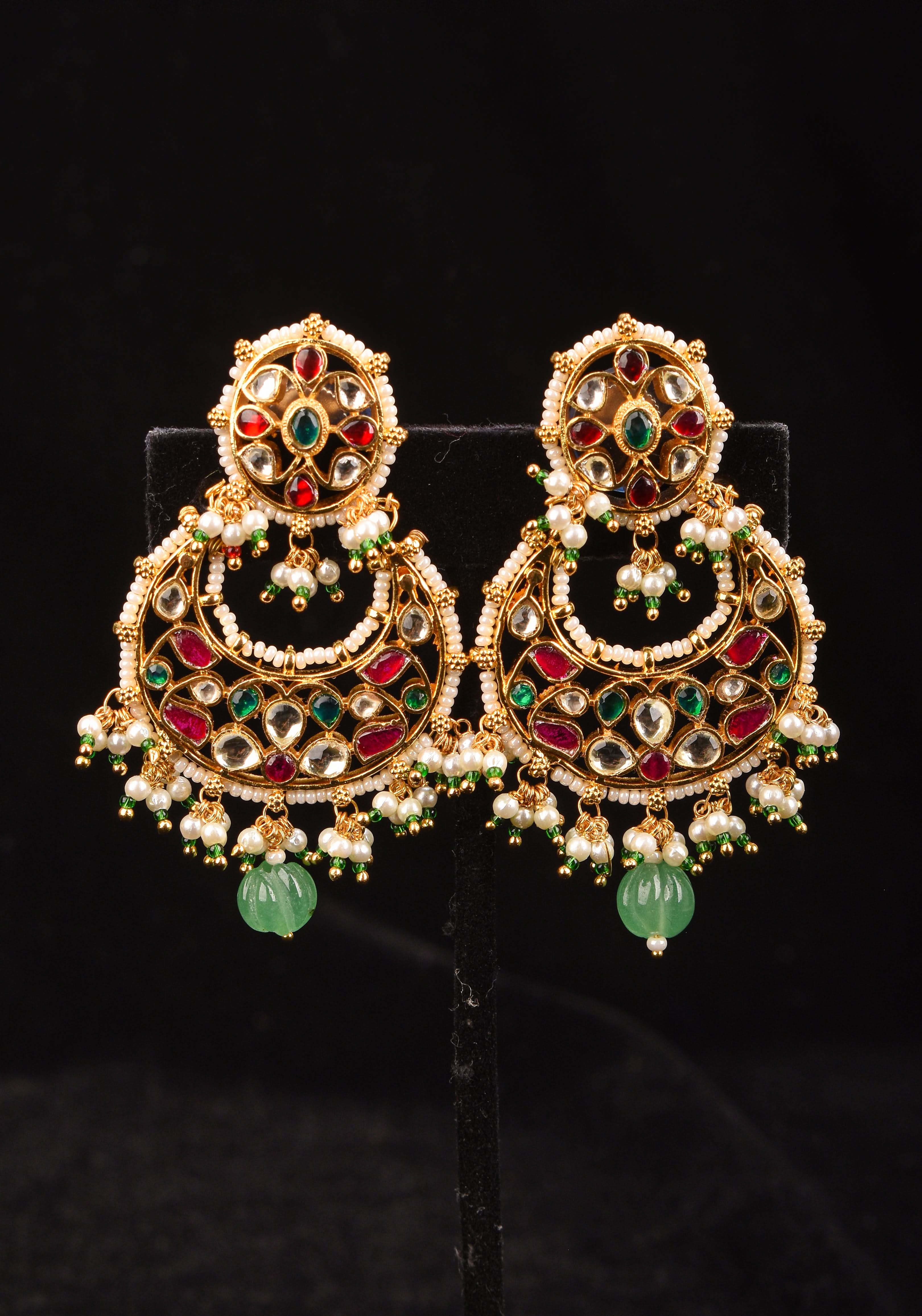 2.5" Jadau Chandbali Earrings with 3 color stones | Shobitam