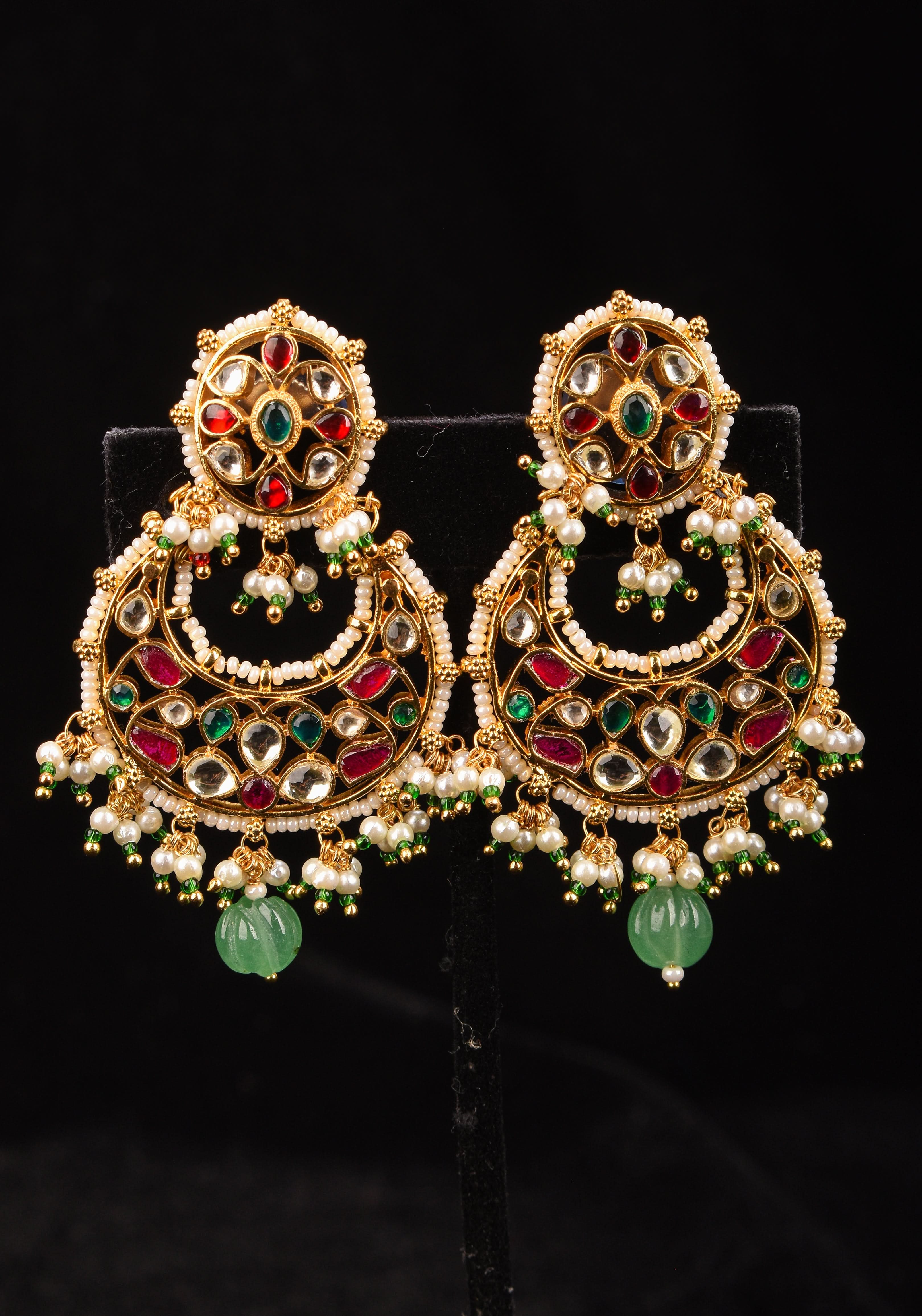 2.5" Jadau Chandbali Earrings with 3 color stones | Shobitam