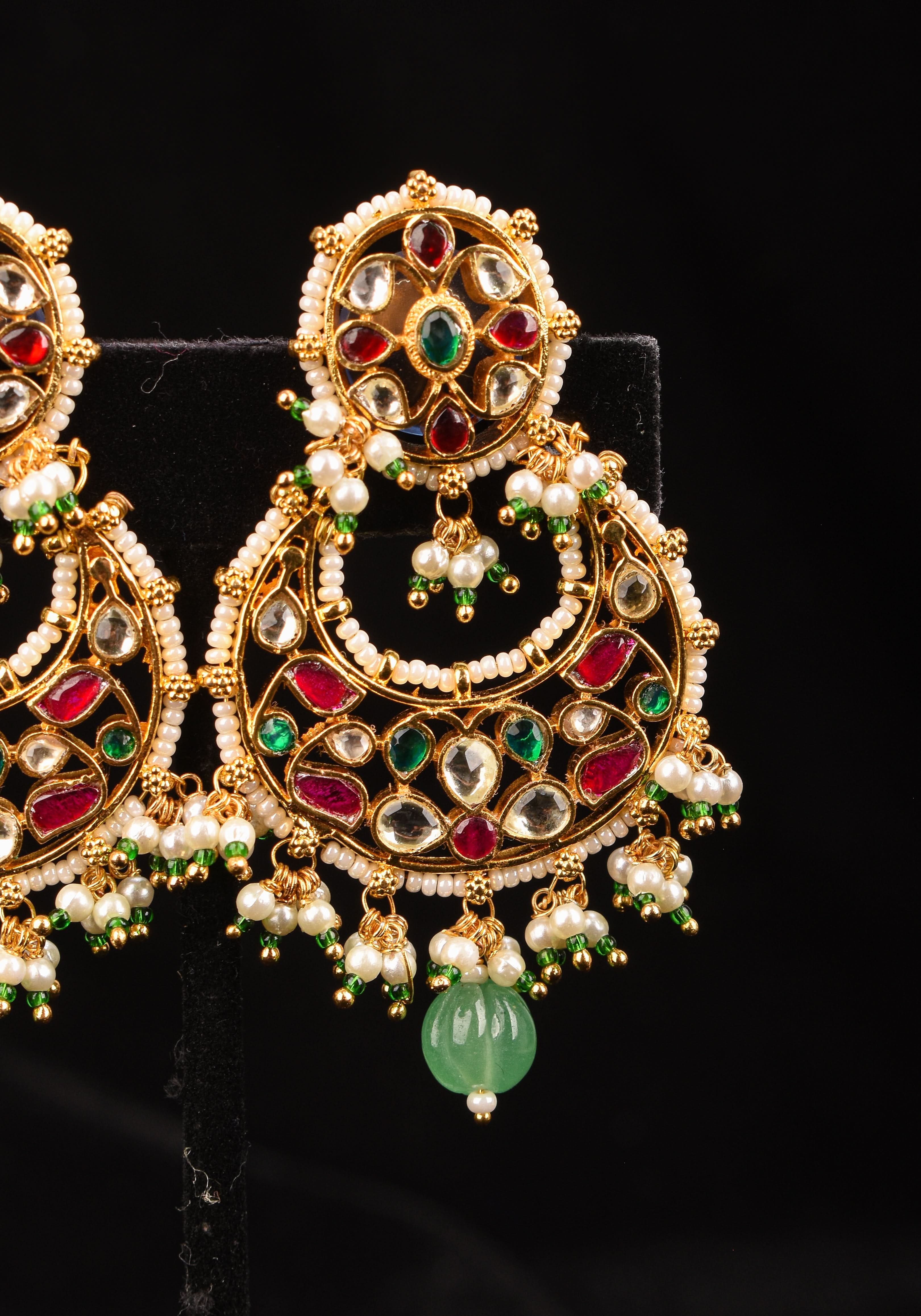 2.5" Jadau Chandbali Earrings with 3 color stones | Shobitam
