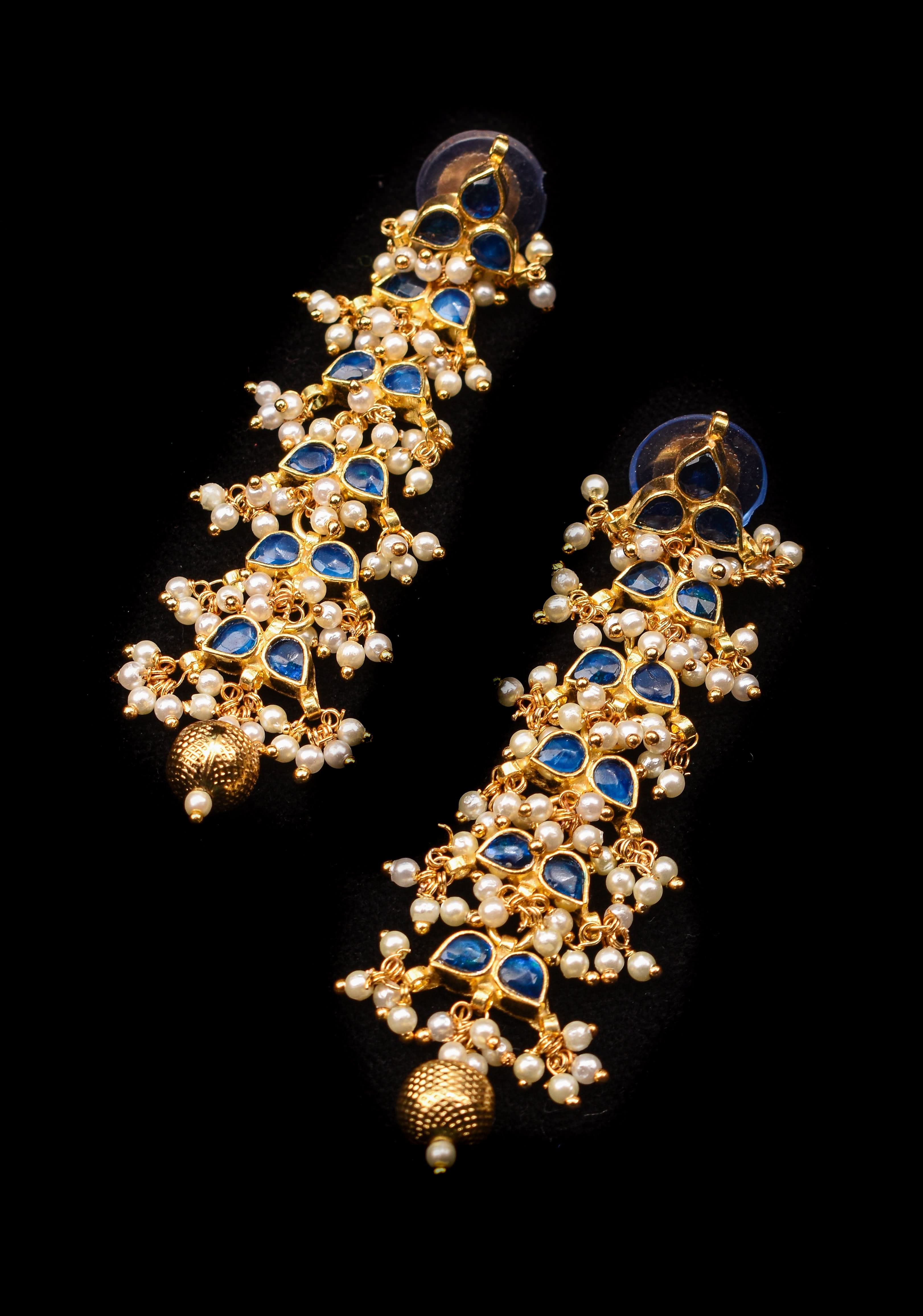 3 Inch Jadau Earrings in Tiered Leaf design with Blue Stones and dainty Pearls beads | SHOBITAM