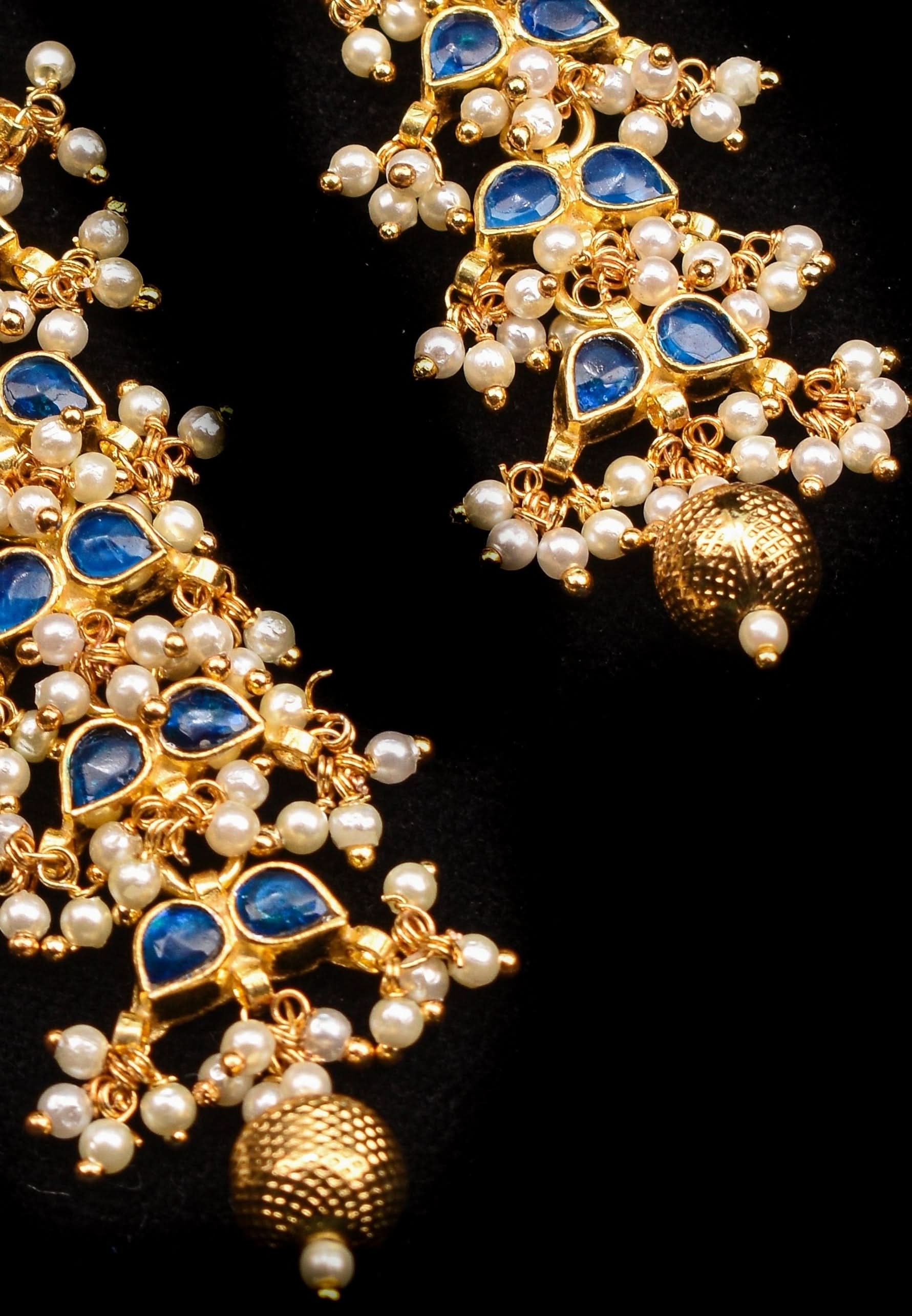 3 Inch Jadau Earrings in Tiered Leaf design with Blue Stones and dainty Pearls beads | SHOBITAM