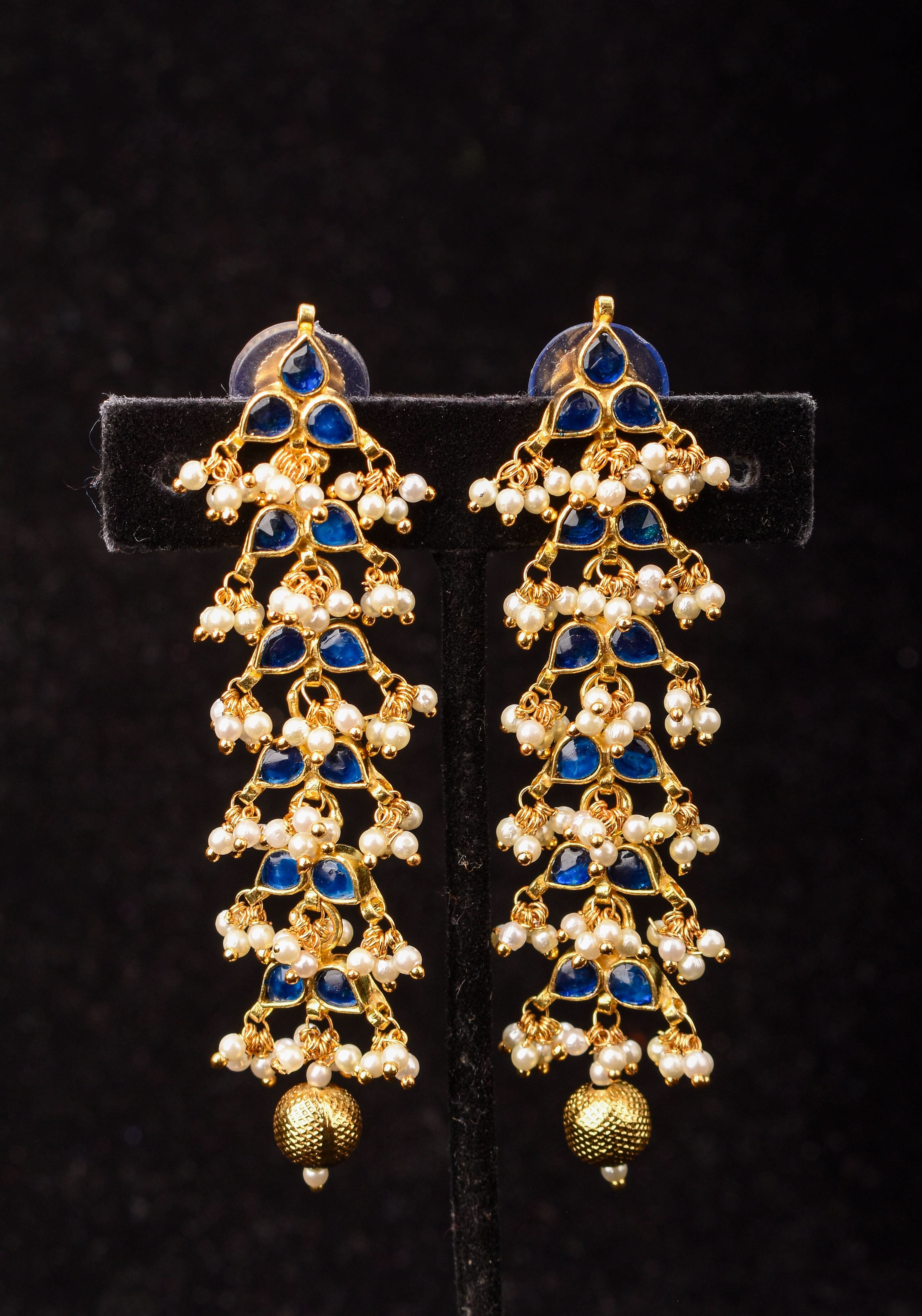 3 Inch Jadau Earrings in Tiered Leaf design with Blue Stones and dainty Pearls beads | SHOBITAM