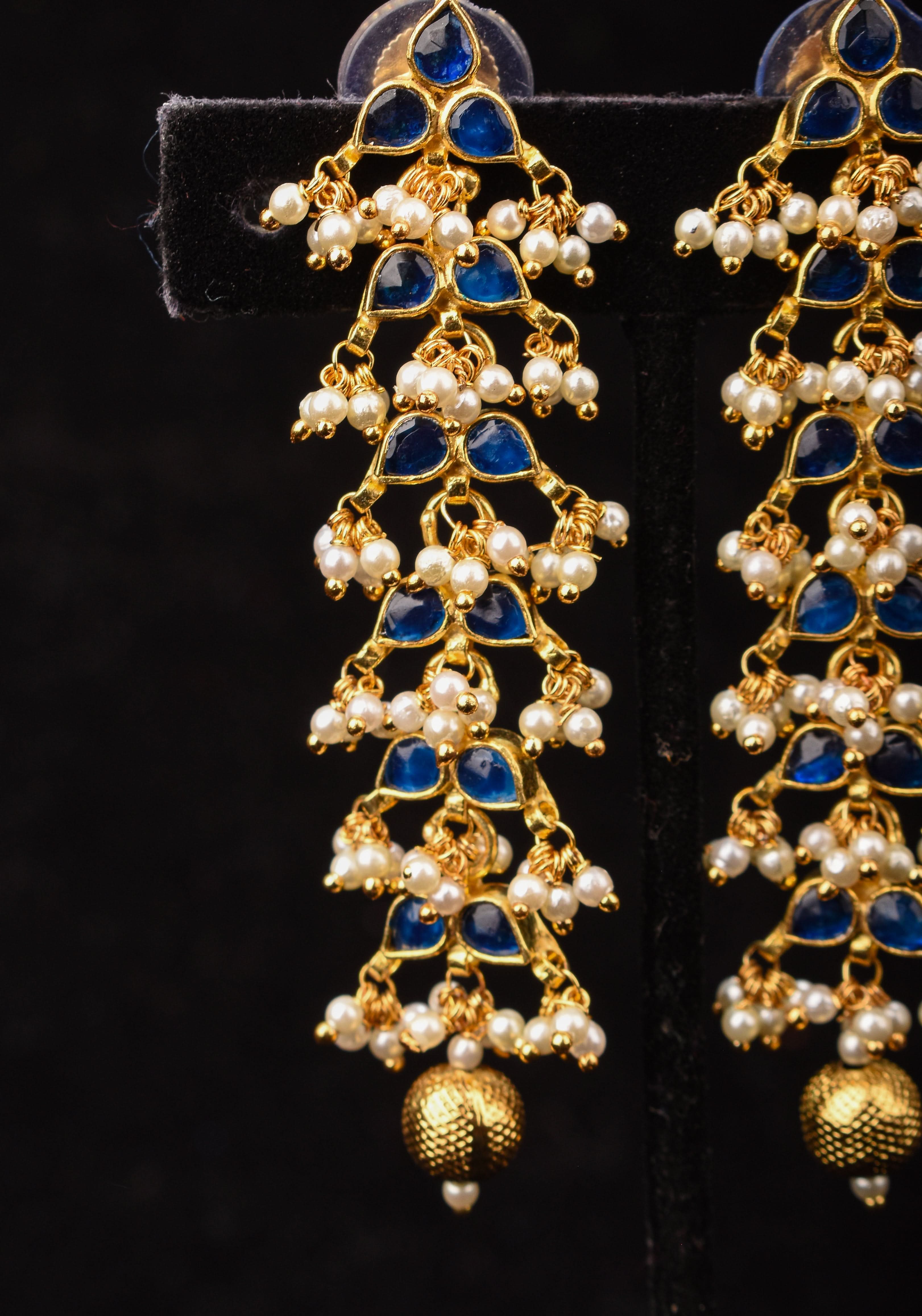 3 Inch Jadau Earrings in Tiered Leaf design with Blue Stones and dainty Pearls beads | SHOBITAM