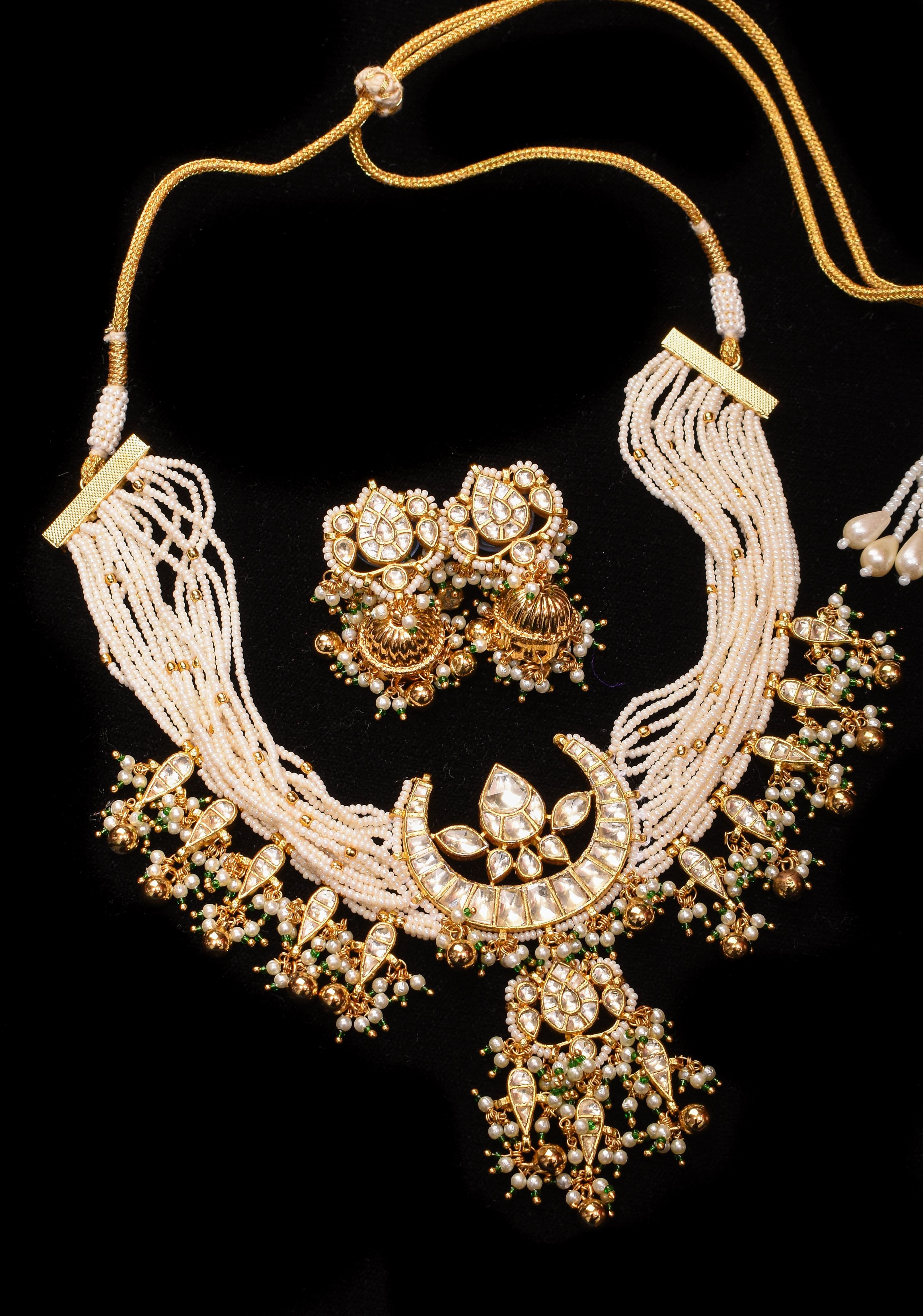 Ahmedabadi kundan multistrand necklace set with Chand Pendant | Shobitam