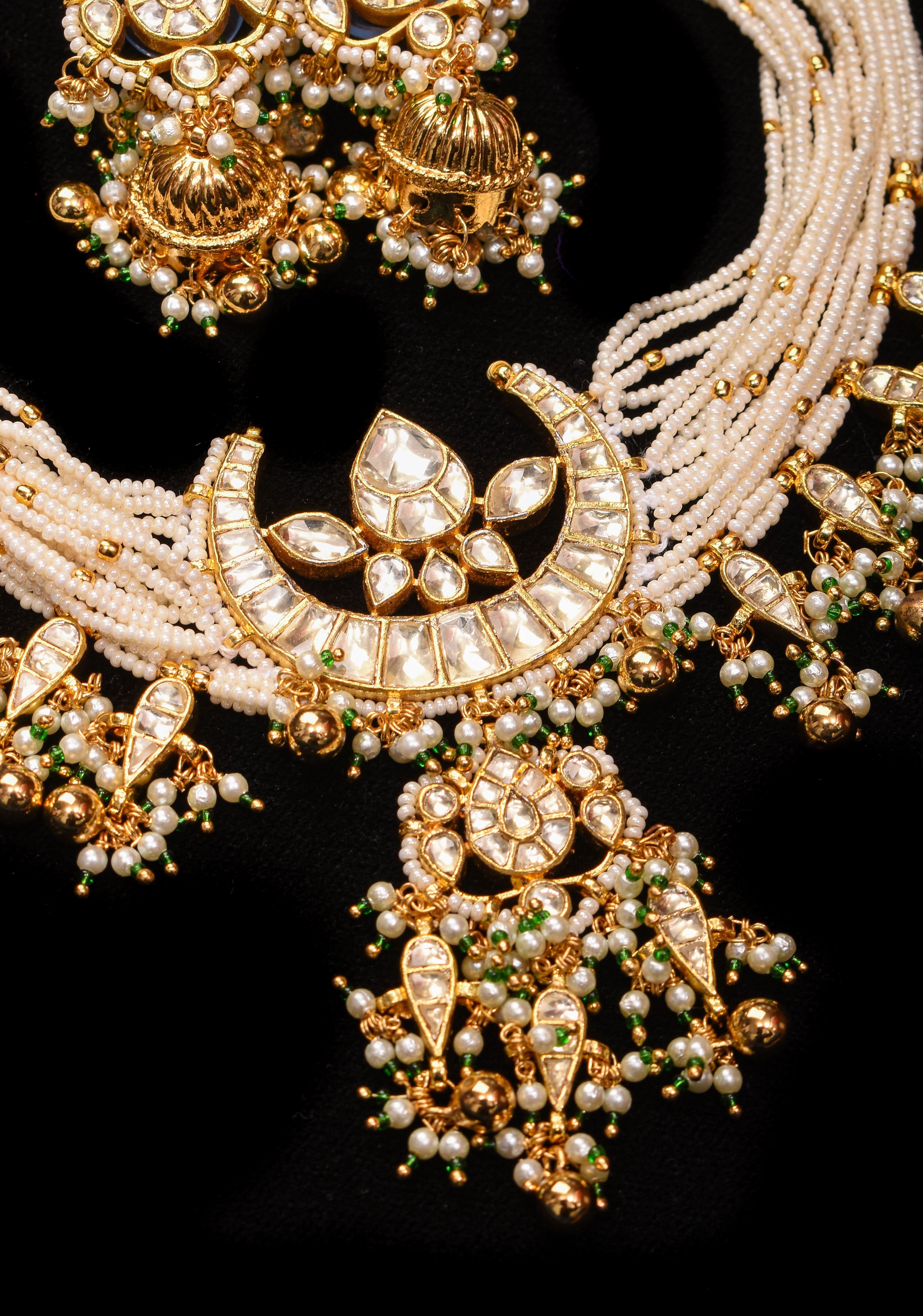 Ahmedabadi kundan multistrand necklace set with Chand Pendant | Shobitam