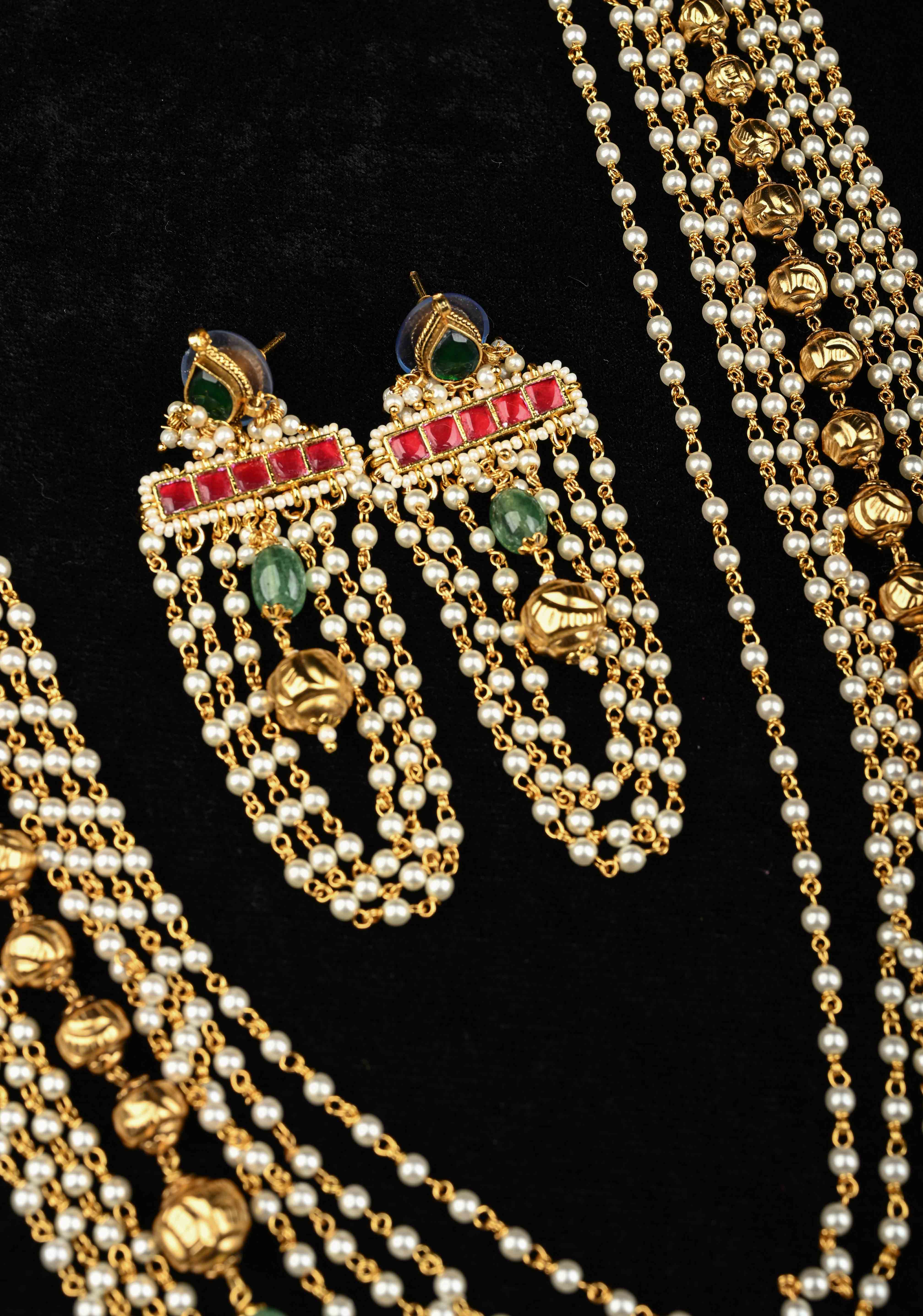 Antique Multistrand White Beaded Mala with Matching Earrings | SHOBITAM