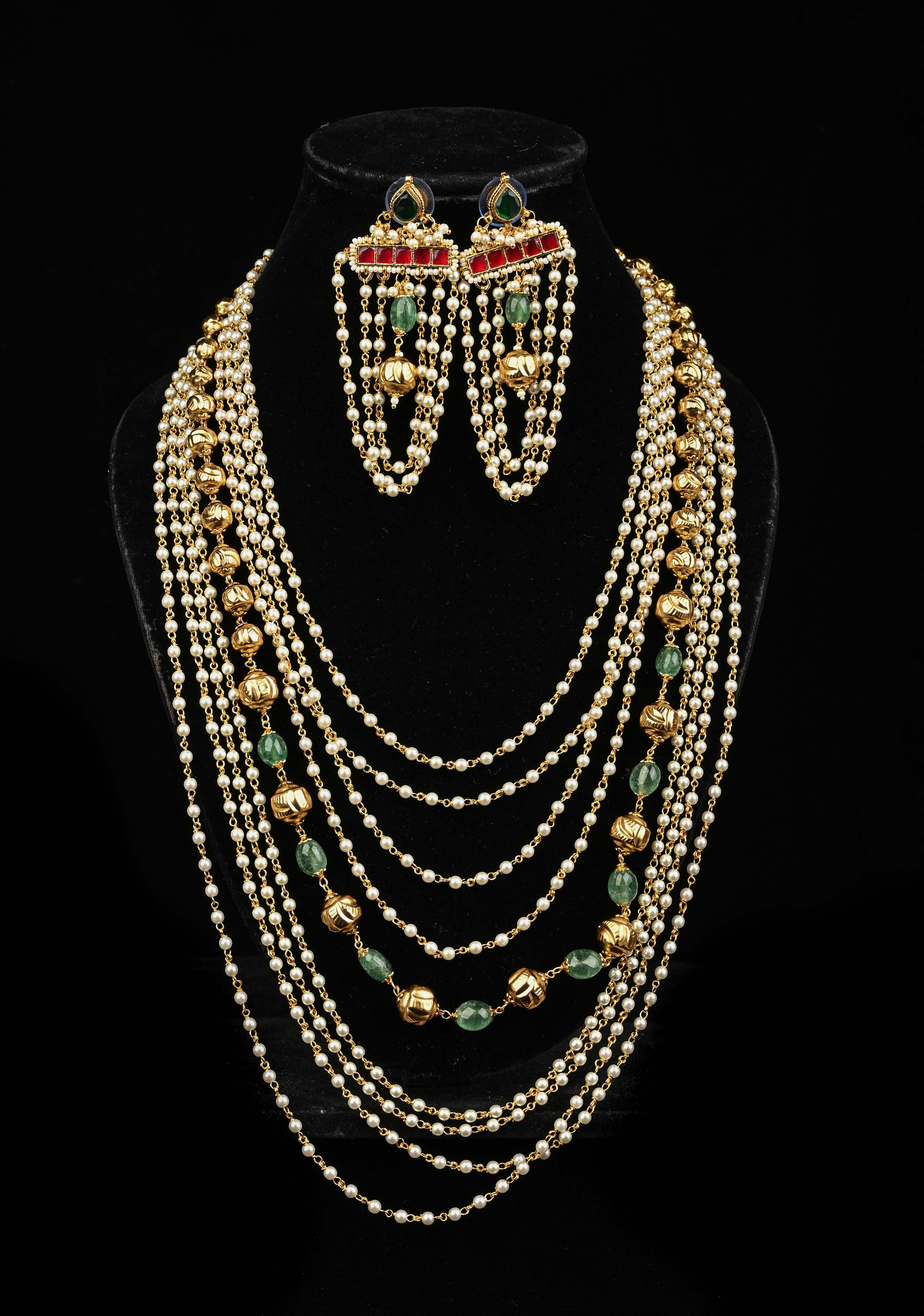 Antique Multistrand White Beaded Mala with Matching Earrings | SHOBITAM