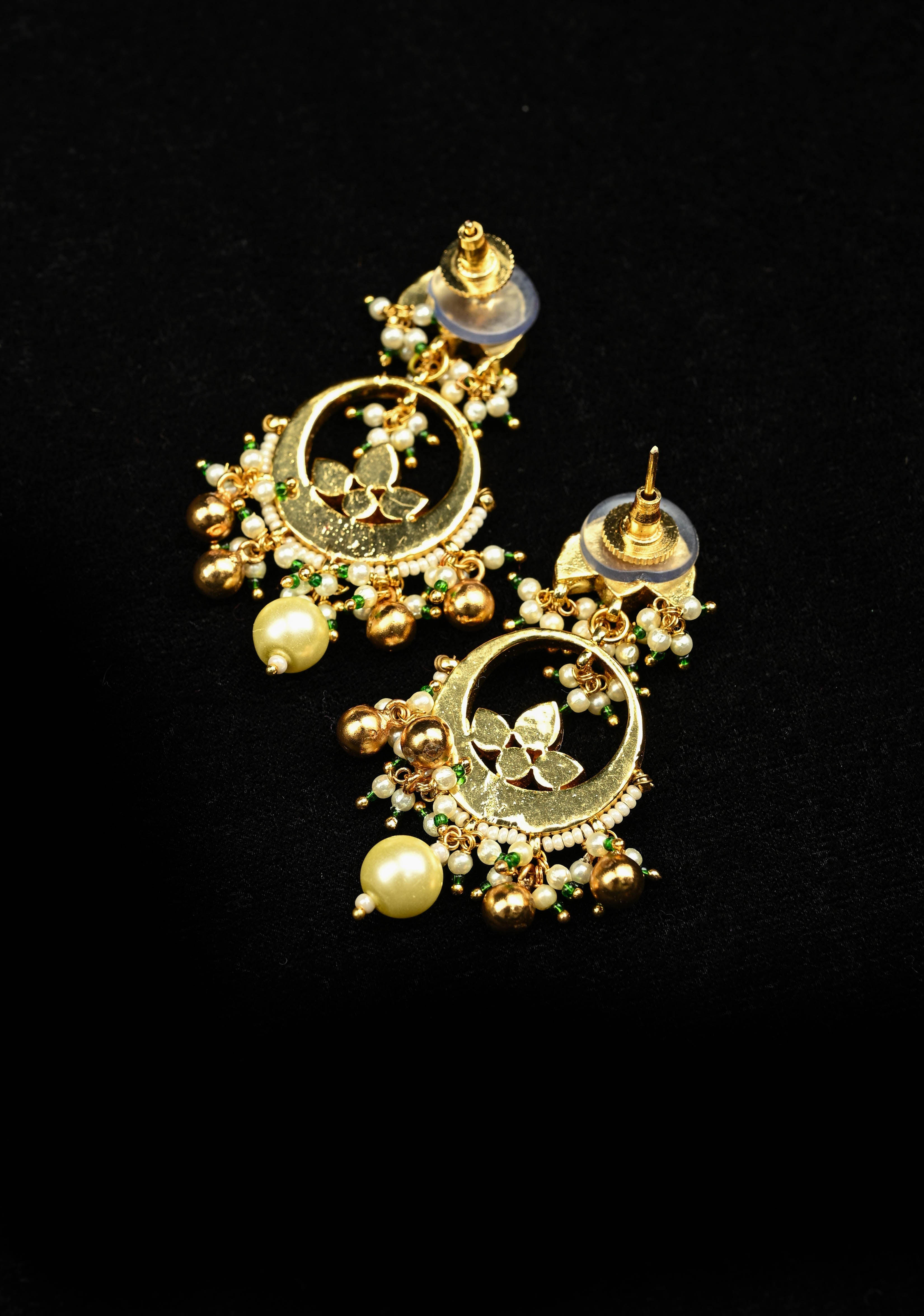 Chandbali Earrings with flower and Chand embedded in Jadau technique and dangling beads | SHOBITAM