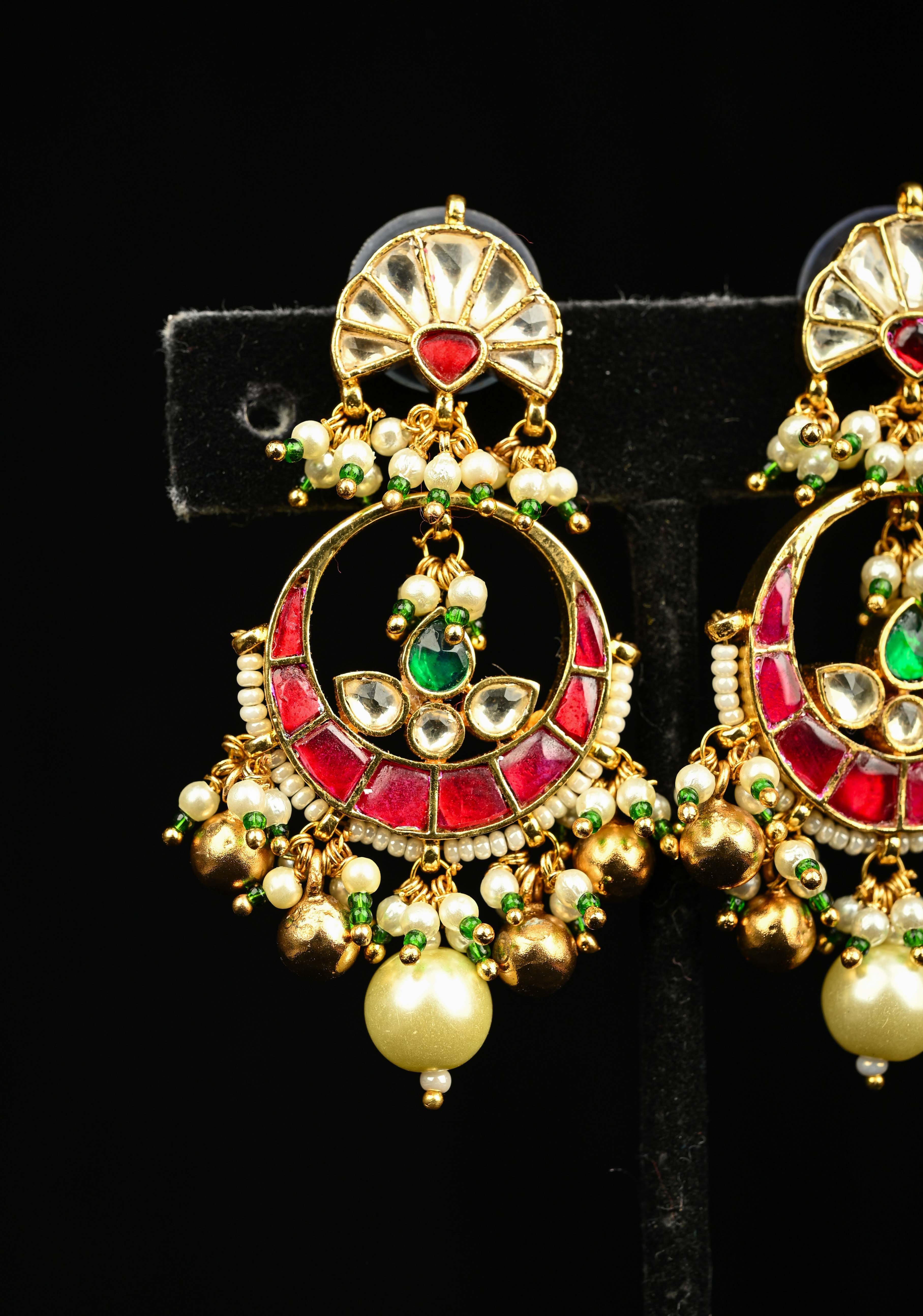 Chandbali Earrings with flower and Chand embedded in Jadau technique and dangling beads | SHOBITAM